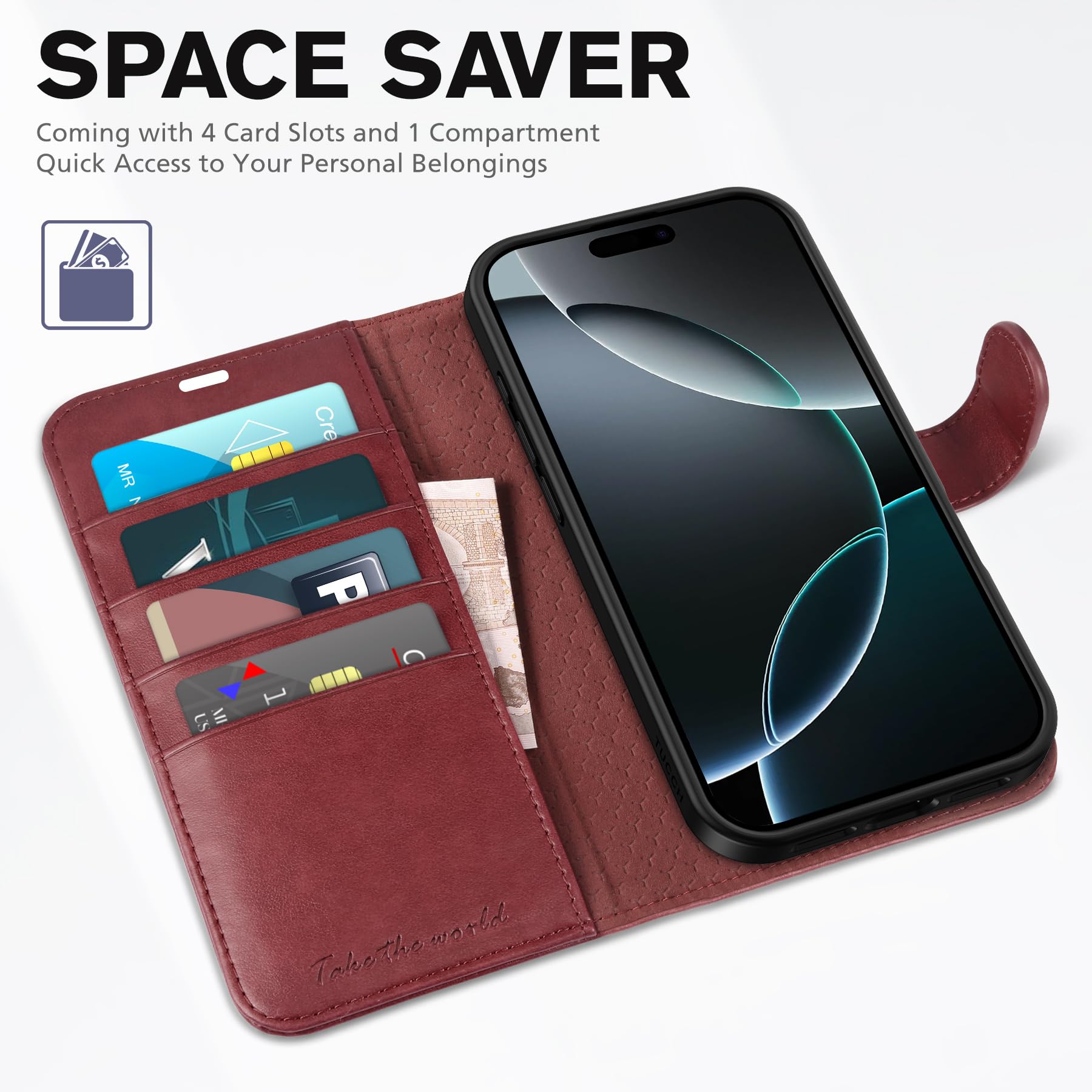 iPhone 16 Pro Max, RFID Blocking [4 Card Holders] Kickstand Shockproof TPU Interior Shell, PU Leather Magnetic Flip Folio Cover 2024, Black