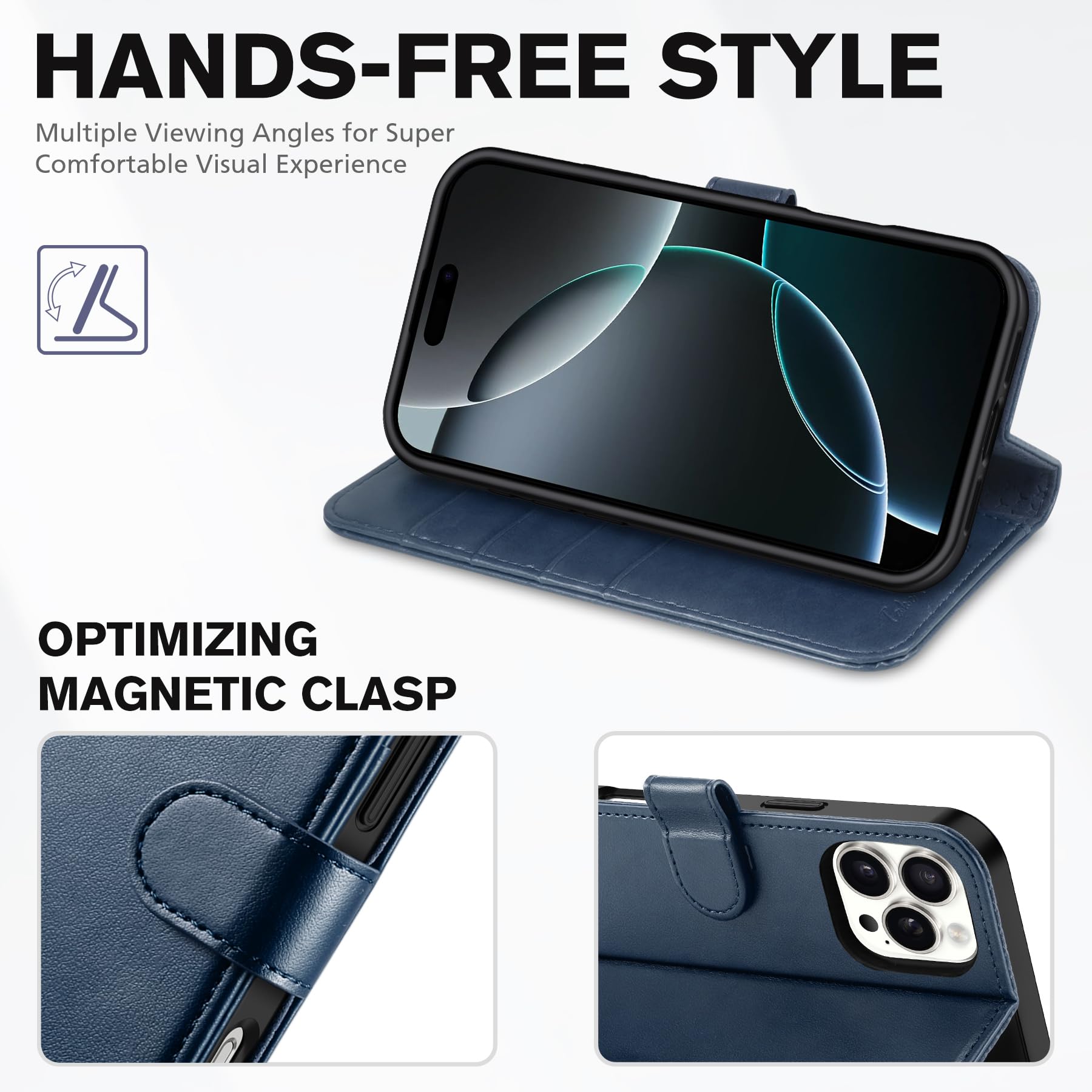 iPhone 16 Pro Max, RFID Blocking [4 Card Holders] Kickstand Shockproof TPU Interior Shell, PU Leather Magnetic Flip Folio Cover 2024, Black