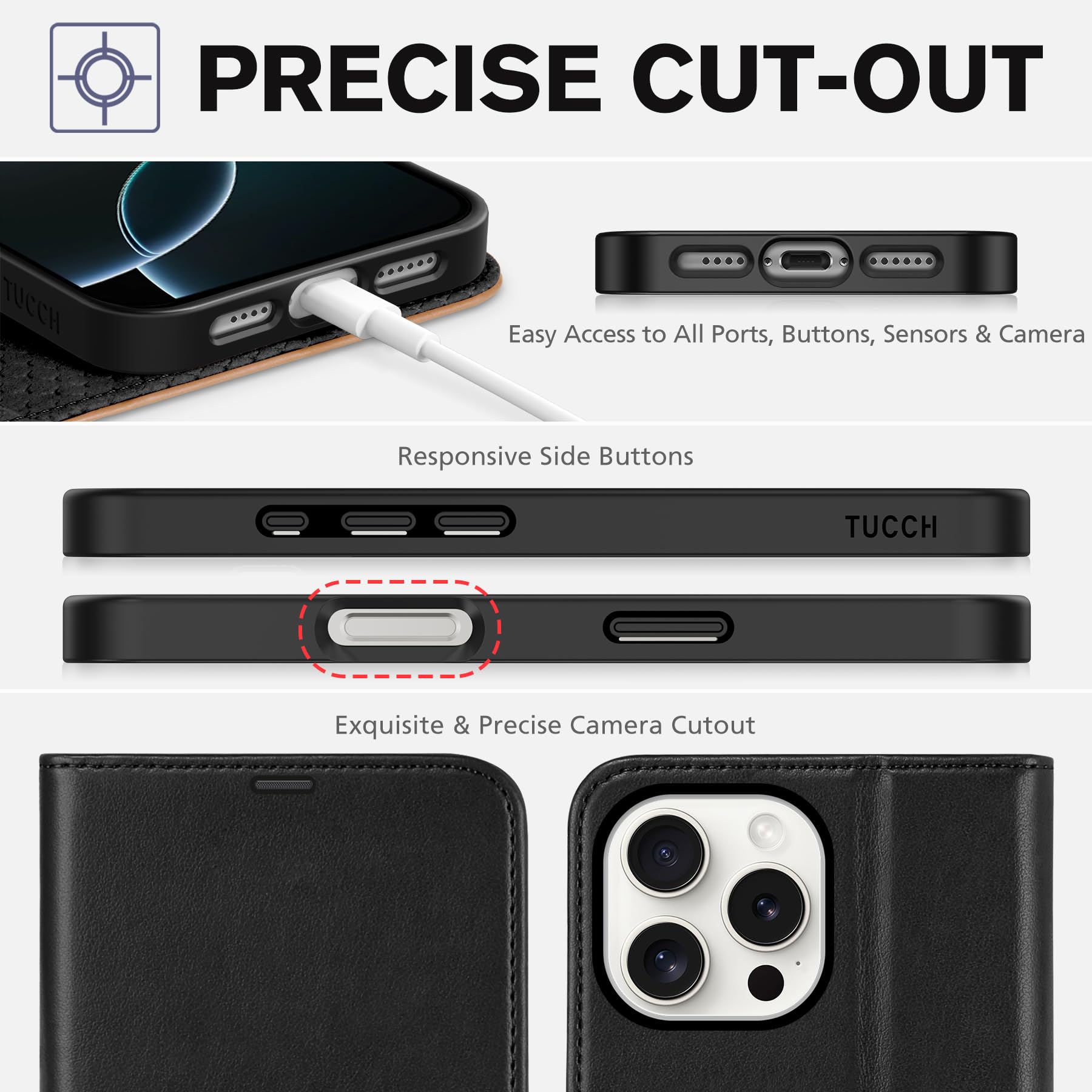 iPhone 16 Pro Max, RFID Blocking [4 Card Holders] Kickstand Shockproof TPU Interior Shell, PU Leather Magnetic Flip Folio Cover 2024, Black