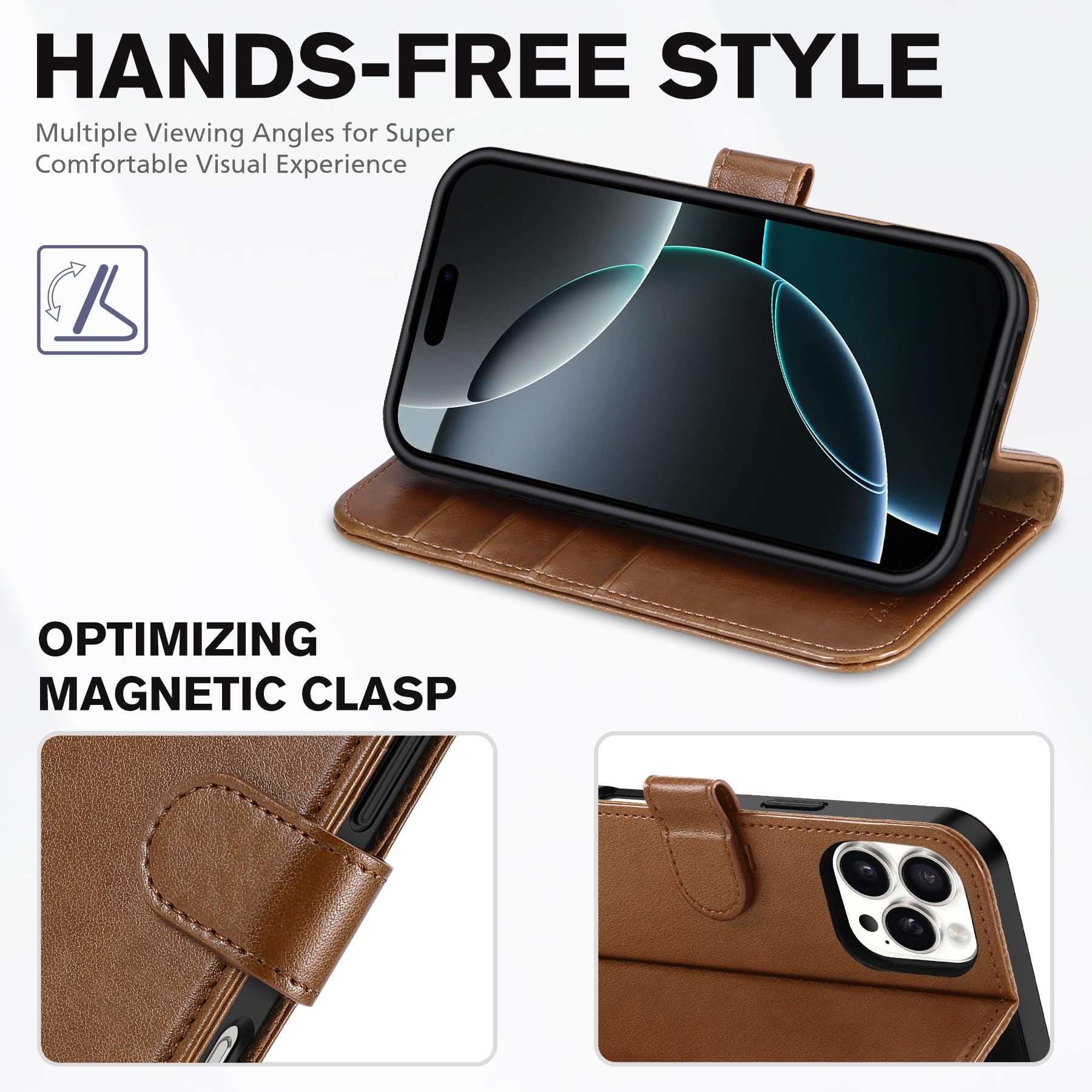 iPhone 16 Pro Max, RFID Blocking [4 Card Holders] Kickstand Shockproof TPU Interior Shell, PU Leather Magnetic Flip Folio Cover 2024, Black