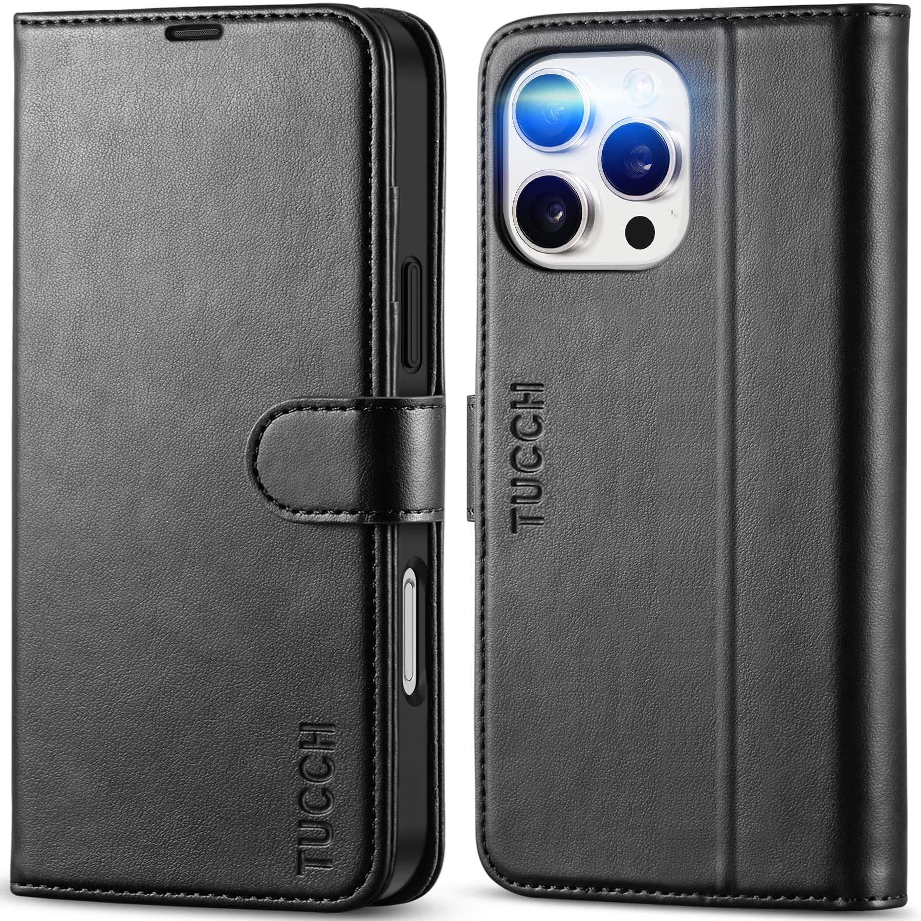 iPhone 16 Pro Max, RFID Blocking [4 Card Holders] Kickstand Shockproof TPU Interior Shell, PU Leather Magnetic Flip Folio Cover 2024, Black