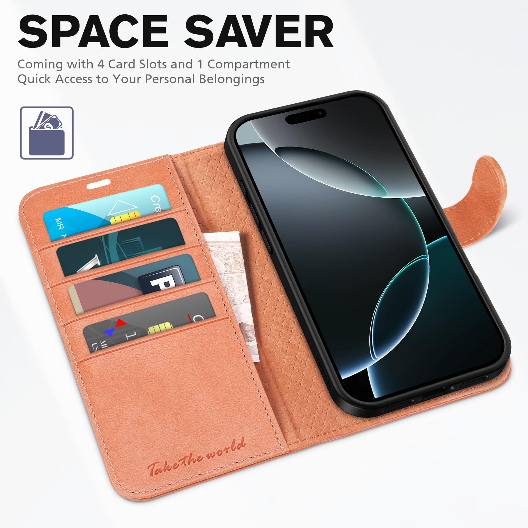 iPhone 16 Pro Max, RFID Blocking [4 Card Holders] Kickstand Shockproof TPU Interior Shell, PU Leather Magnetic Flip Folio Cover 2024, Black