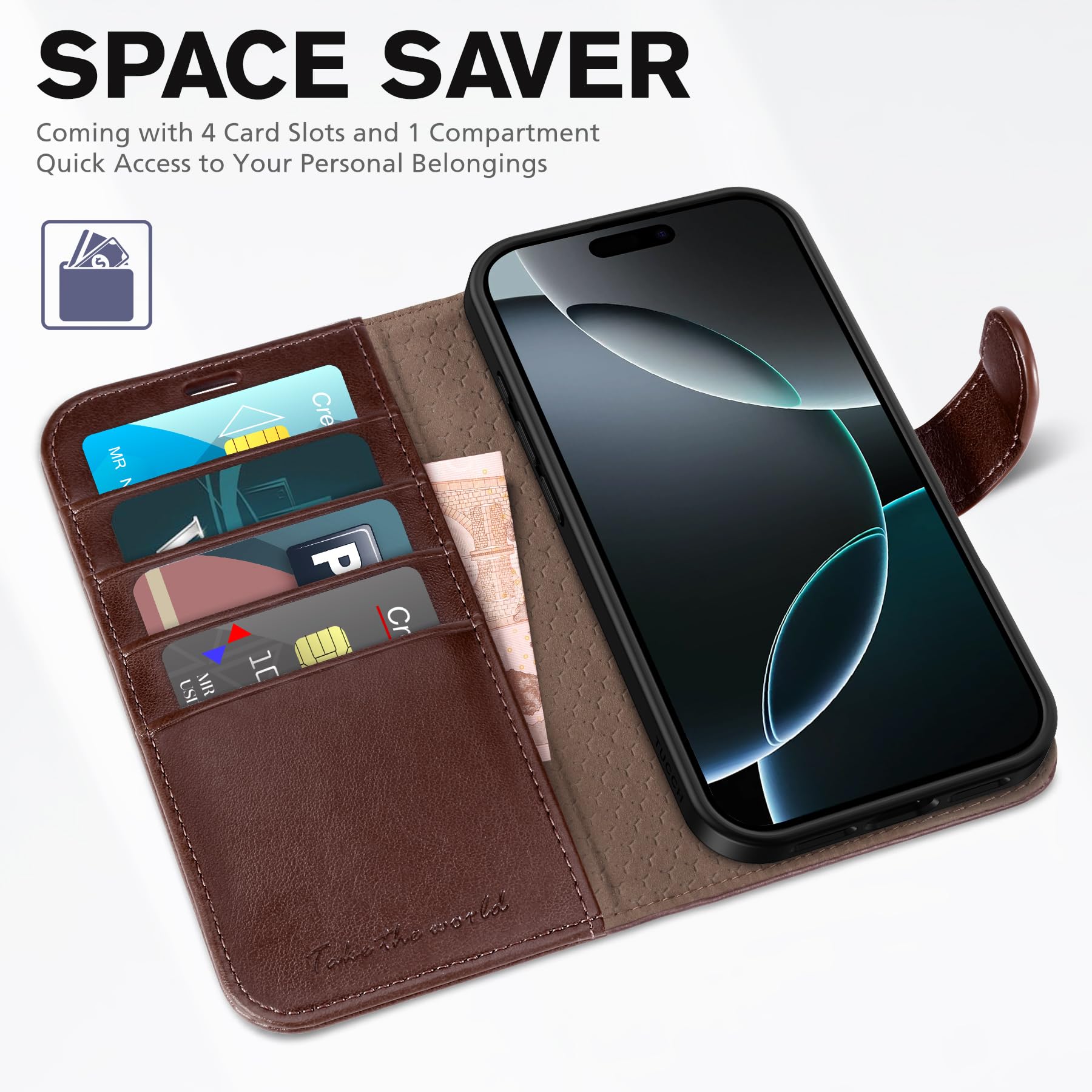 iPhone 16 Pro Max, RFID Blocking [4 Card Holders] Kickstand Shockproof TPU Interior Shell, PU Leather Magnetic Flip Folio Cover 2024, Black