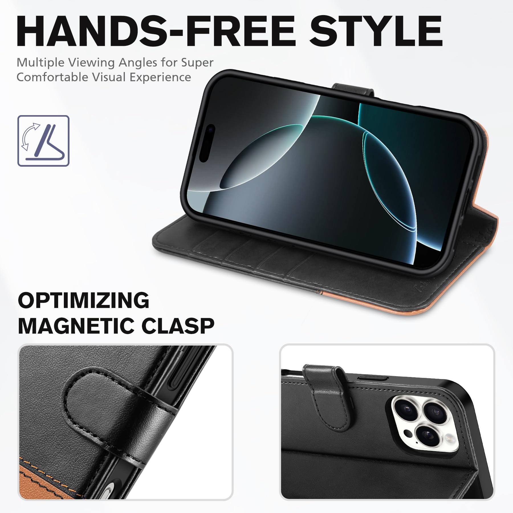 iPhone 16 Pro Max, RFID Blocking [4 Card Holders] Kickstand Shockproof TPU Interior Shell, PU Leather Magnetic Flip Folio Cover 2024, Black