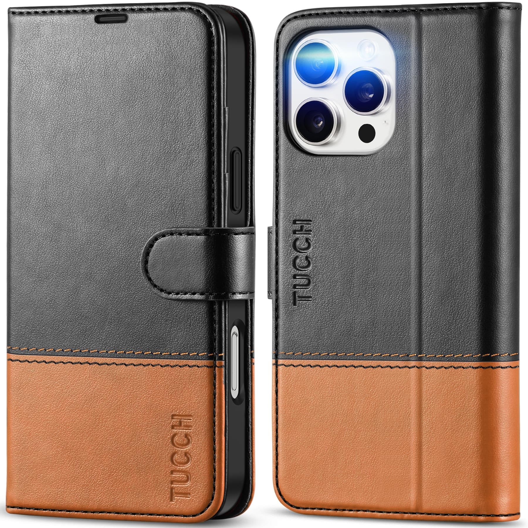 iPhone 16 Pro Max, RFID Blocking [4 Card Holders] Kickstand Shockproof TPU Interior Shell, PU Leather Magnetic Flip Folio Cover 2024, Black