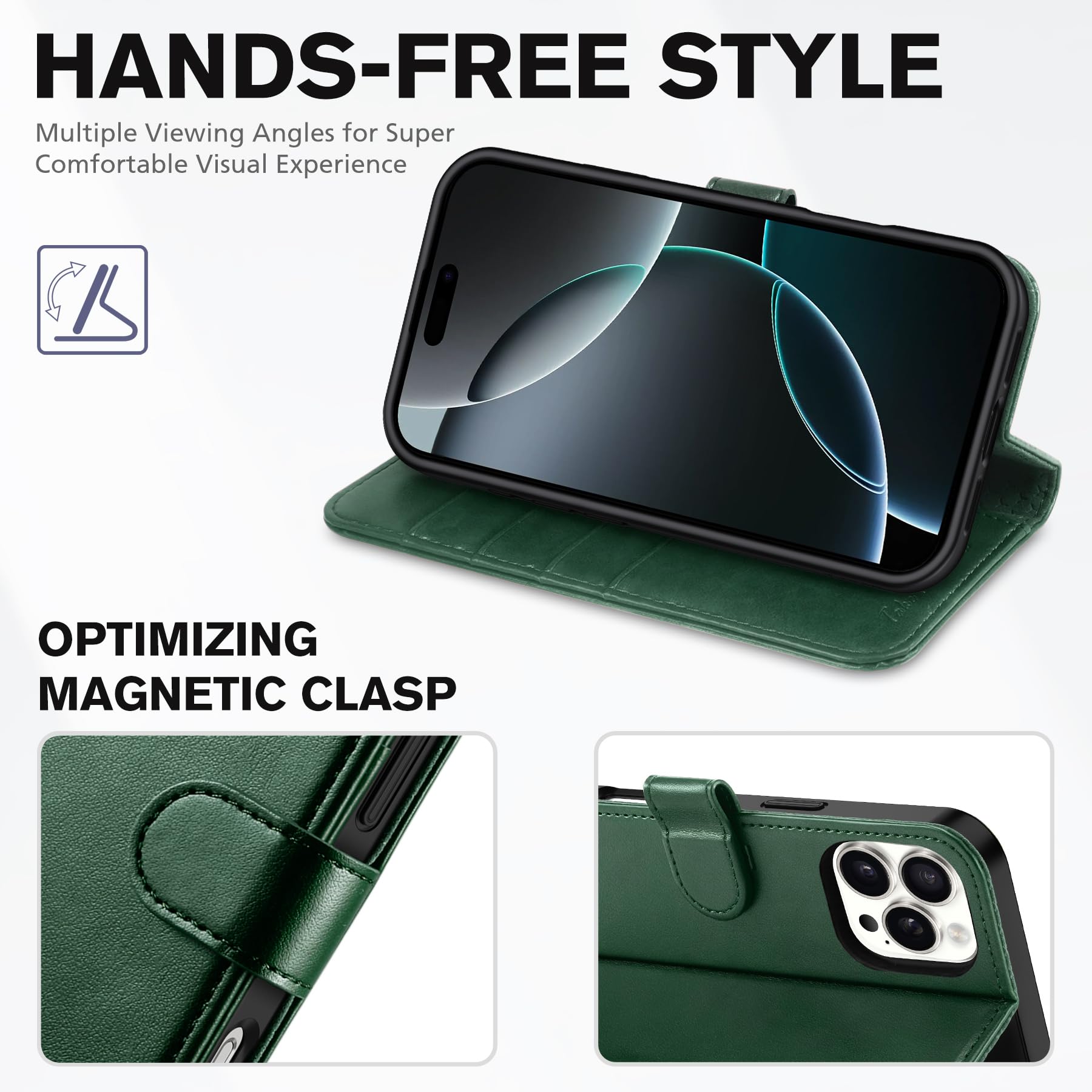 iPhone 16 Pro Max, RFID Blocking [4 Card Holders] Kickstand Shockproof TPU Interior Shell, PU Leather Magnetic Flip Folio Cover 2024, Black