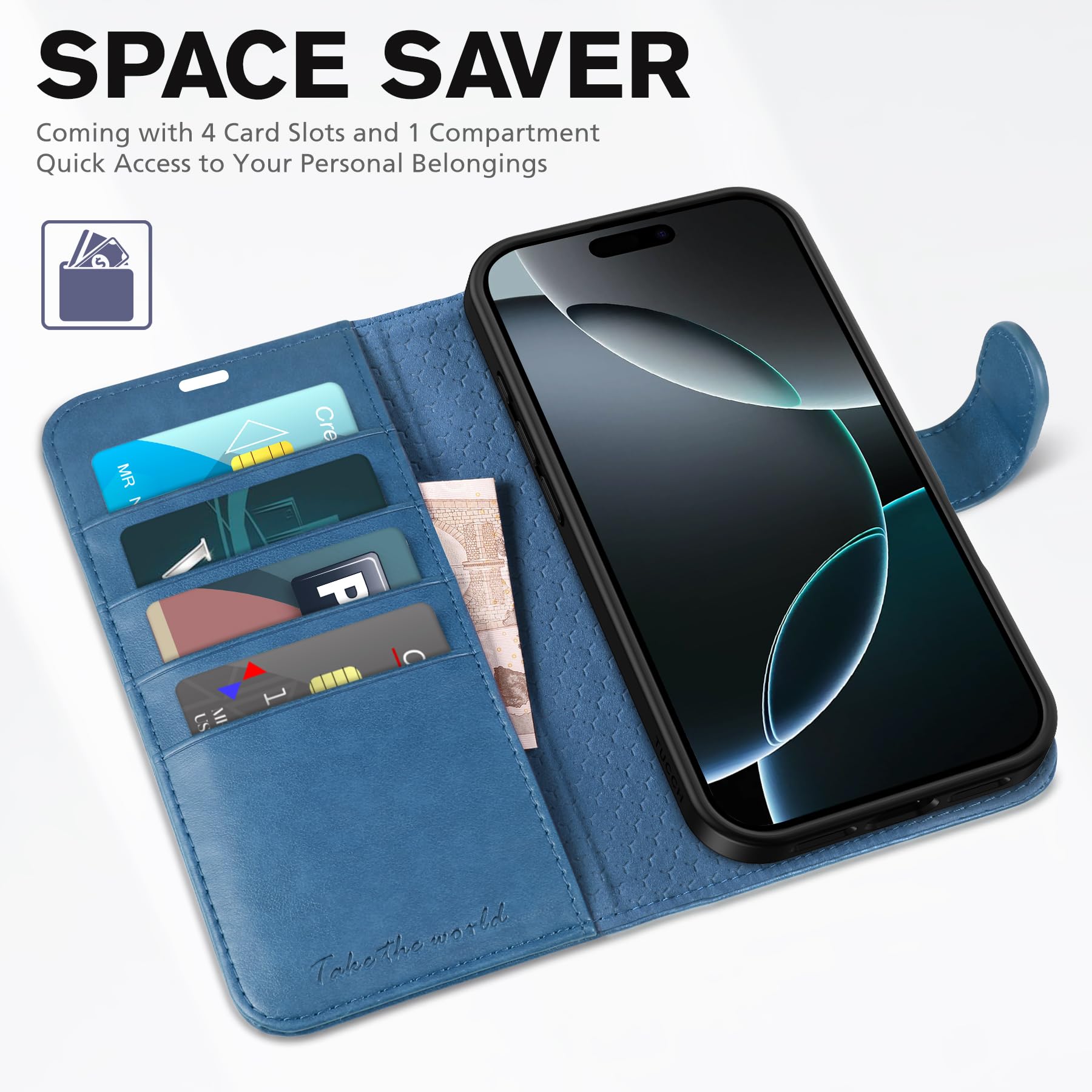 iPhone 16 Pro Max, RFID Blocking [4 Card Holders] Kickstand Shockproof TPU Interior Shell, PU Leather Magnetic Flip Folio Cover 2024, Black