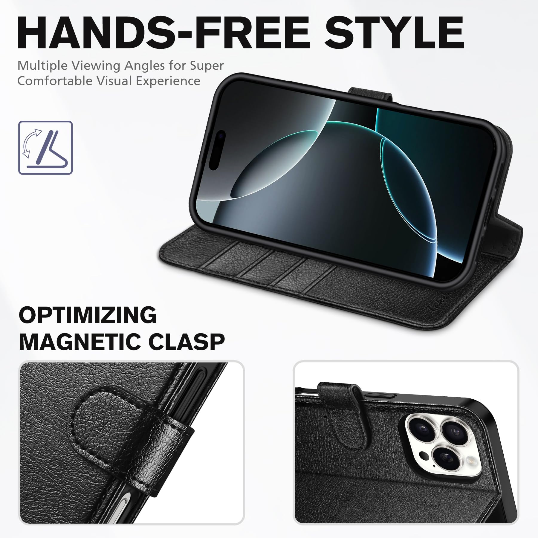 iPhone 16 Pro, RFID Blocking [4 Card Holder] Kickstand [Shockproof TPU Inner Shell] PU Leather Magnetic Protective Flip Cover 6.3“ 2024, Black