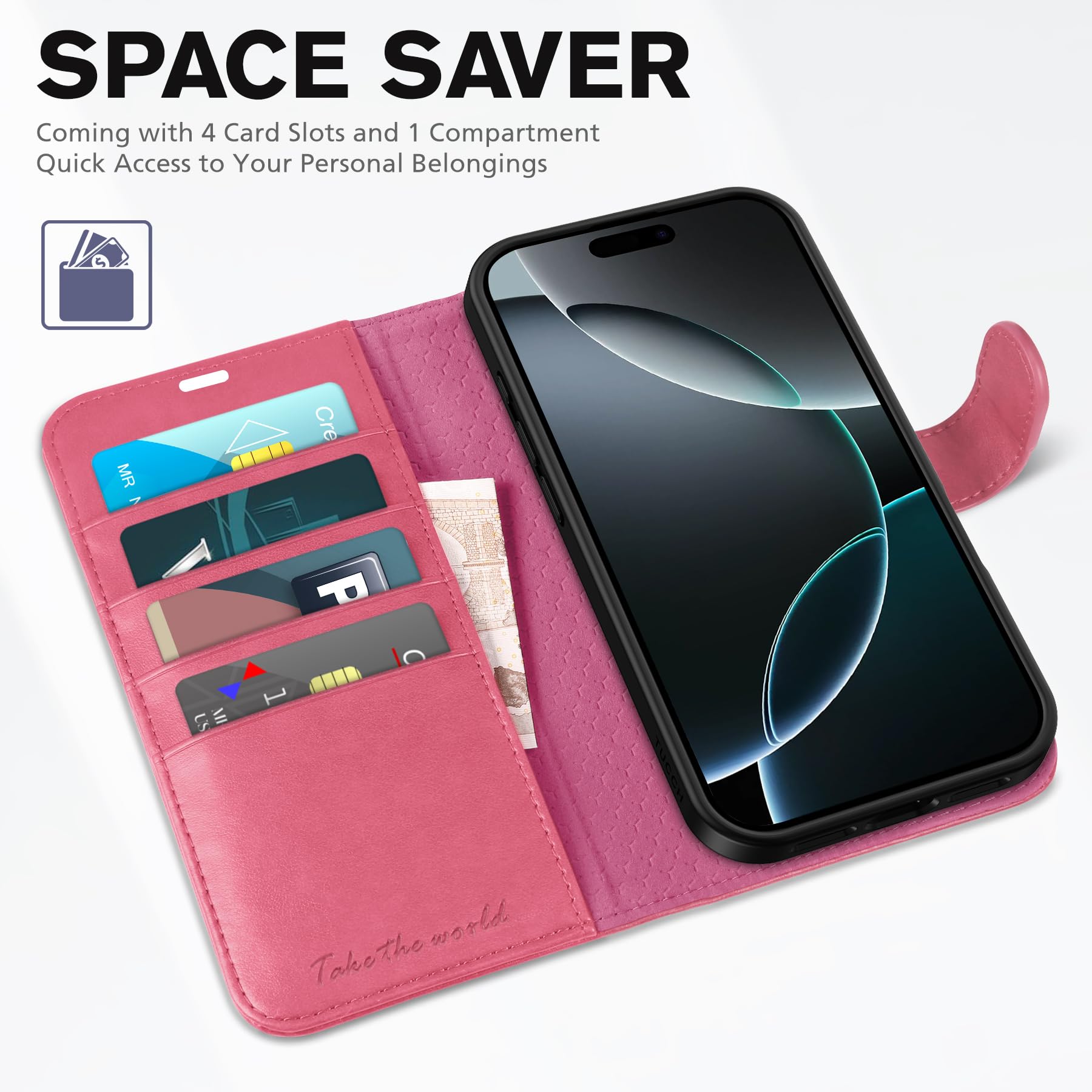 iPhone 16 Pro, RFID Blocking [4 Card Holder] Kickstand [Shockproof TPU Inner Shell] PU Leather Magnetic Protective Flip Cover 6.3“ 2024, Black