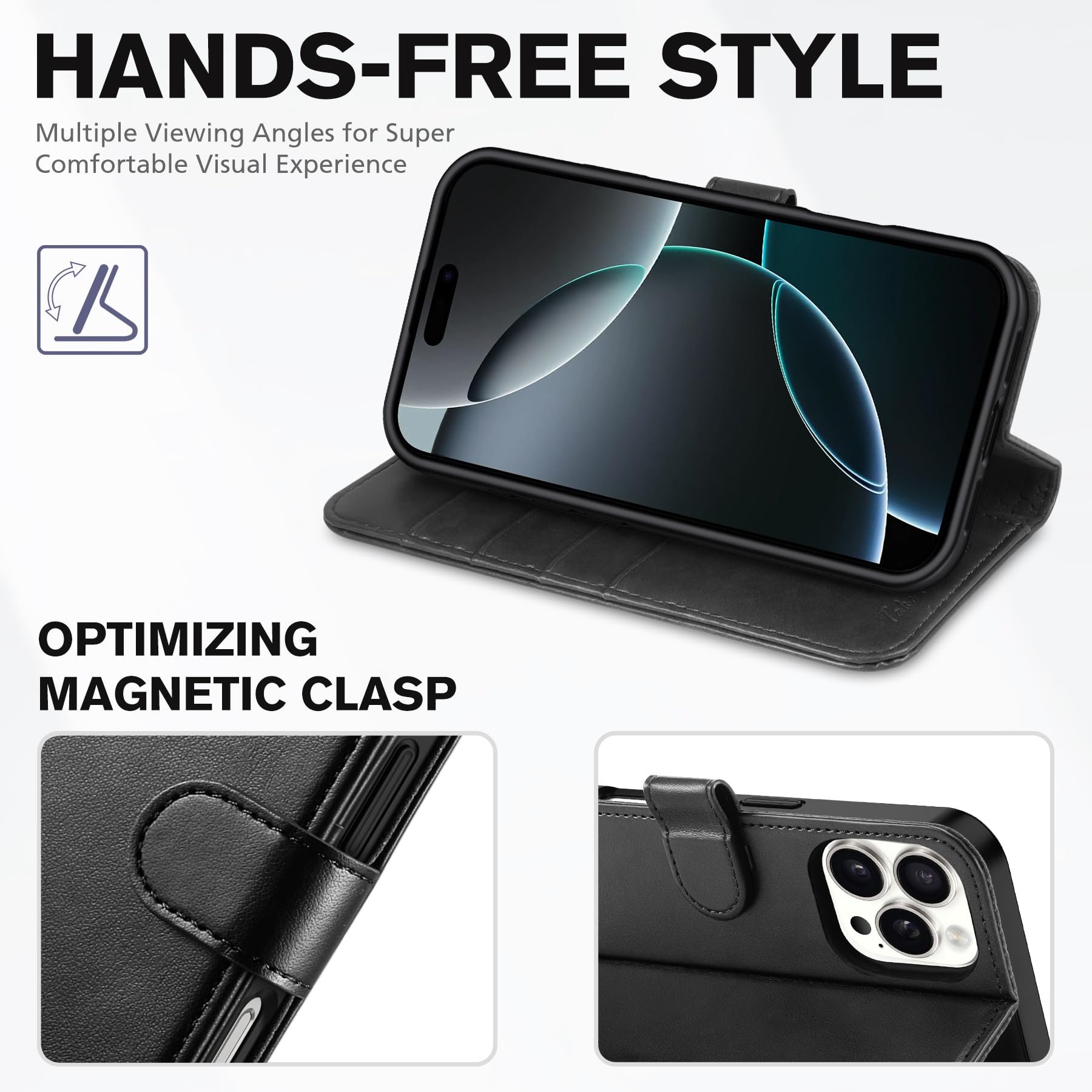 iPhone 16 Pro, RFID Blocking [4 Card Holder] Kickstand [Shockproof TPU Inner Shell] PU Leather Magnetic Protective Flip Cover 6.3“ 2024, Black