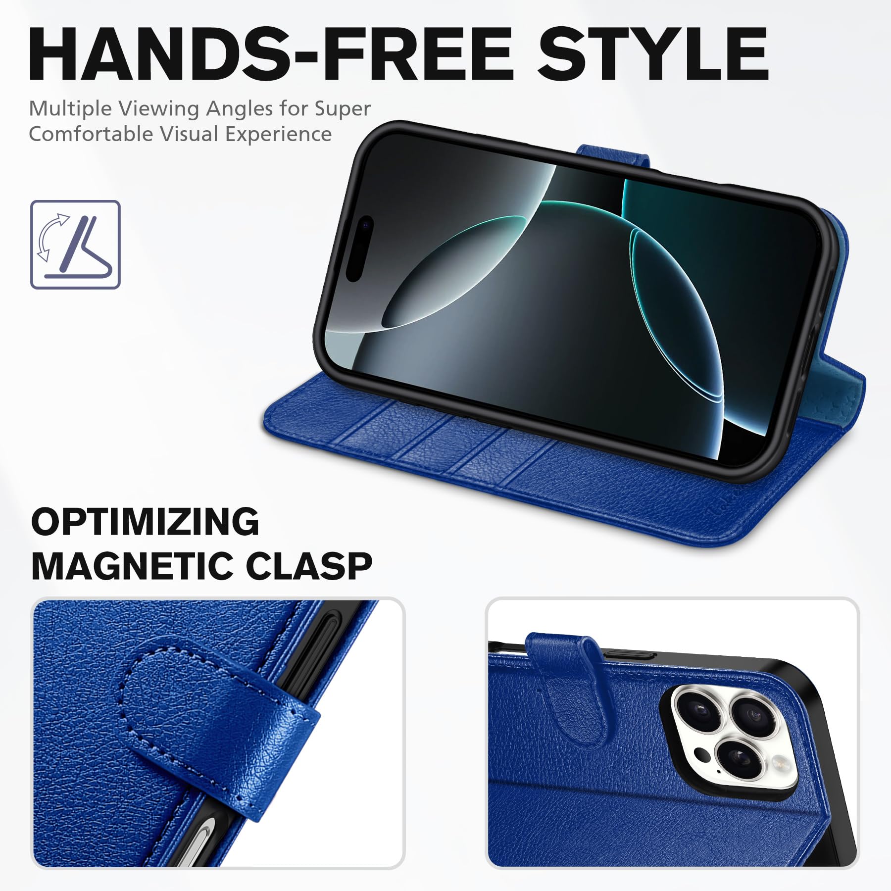 iPhone 16 Pro, RFID Blocking [4 Card Holder] Kickstand [Shockproof TPU Inner Shell] PU Leather Magnetic Protective Flip Cover 6.3“ 2024, Black