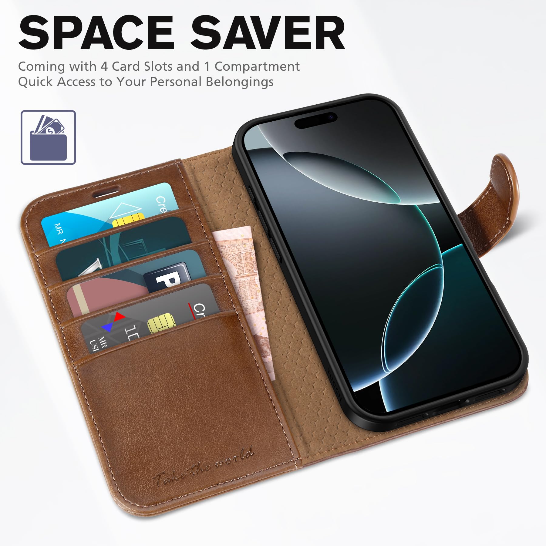 iPhone 16 Pro, RFID Blocking [4 Card Holder] Kickstand [Shockproof TPU Inner Shell] PU Leather Magnetic Protective Flip Cover 6.3“ 2024, Black