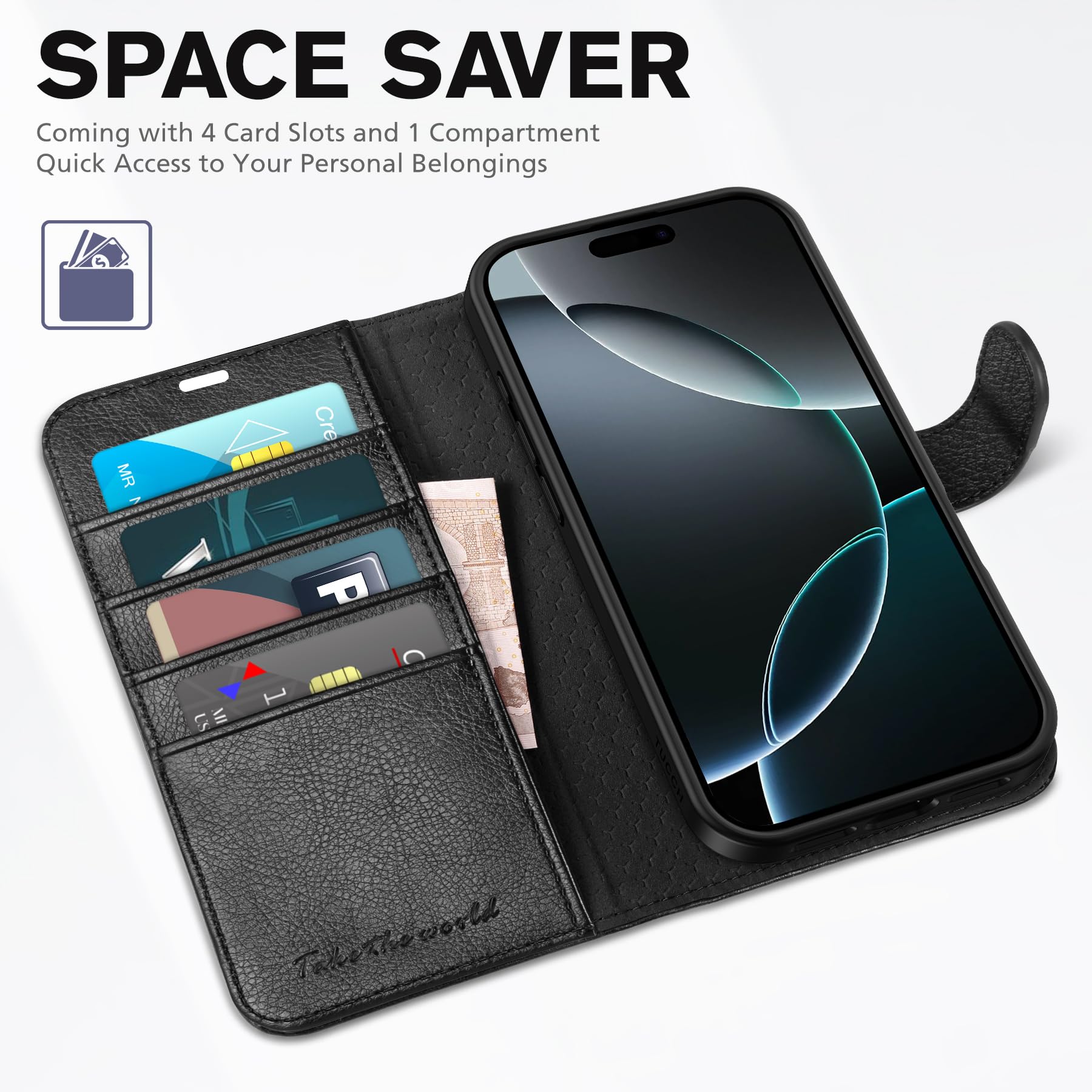 iPhone 16 Pro, RFID Blocking [4 Card Holder] Kickstand [Shockproof TPU Inner Shell] PU Leather Magnetic Protective Flip Cover 6.3“ 2024, Black