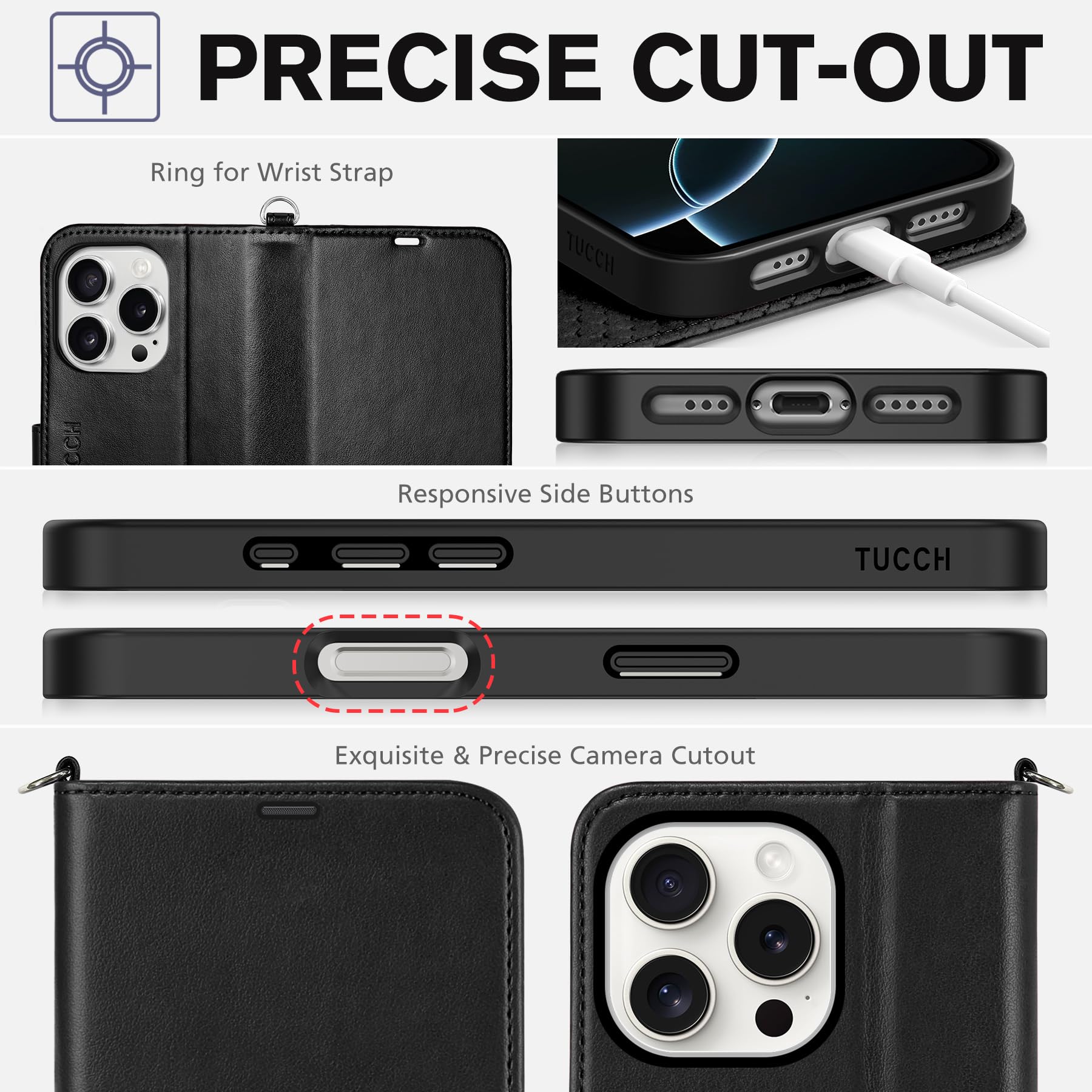 iPhone 16 Pro, RFID Blocking [4 Card Holder] Kickstand [Shockproof TPU Inner Shell] PU Leather Magnetic Protective Flip Cover 6.3“ 2024, Black