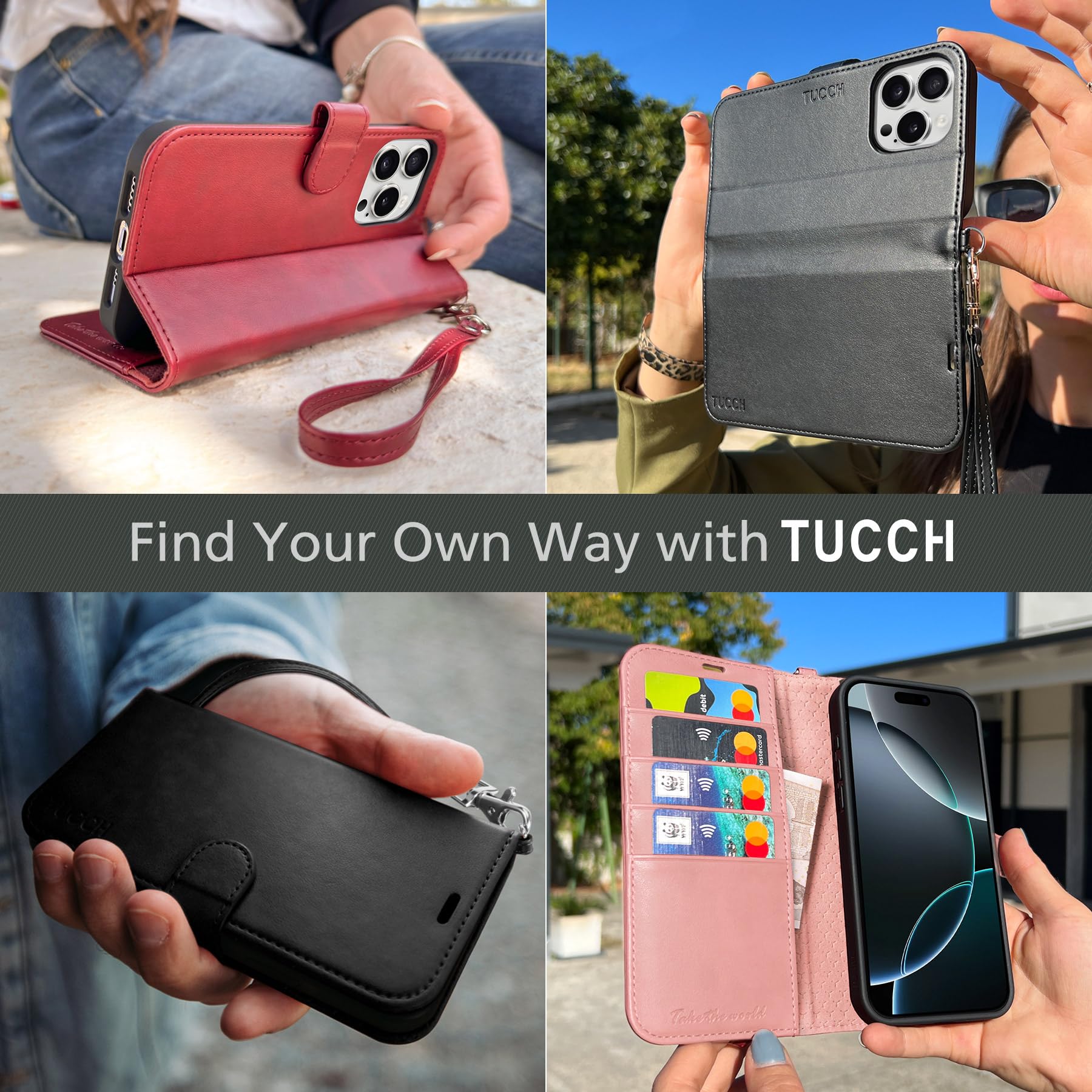 iPhone 16 Pro, RFID Blocking [4 Card Holder] Kickstand [Shockproof TPU Inner Shell] PU Leather Magnetic Protective Flip Cover 6.3“ 2024, Black