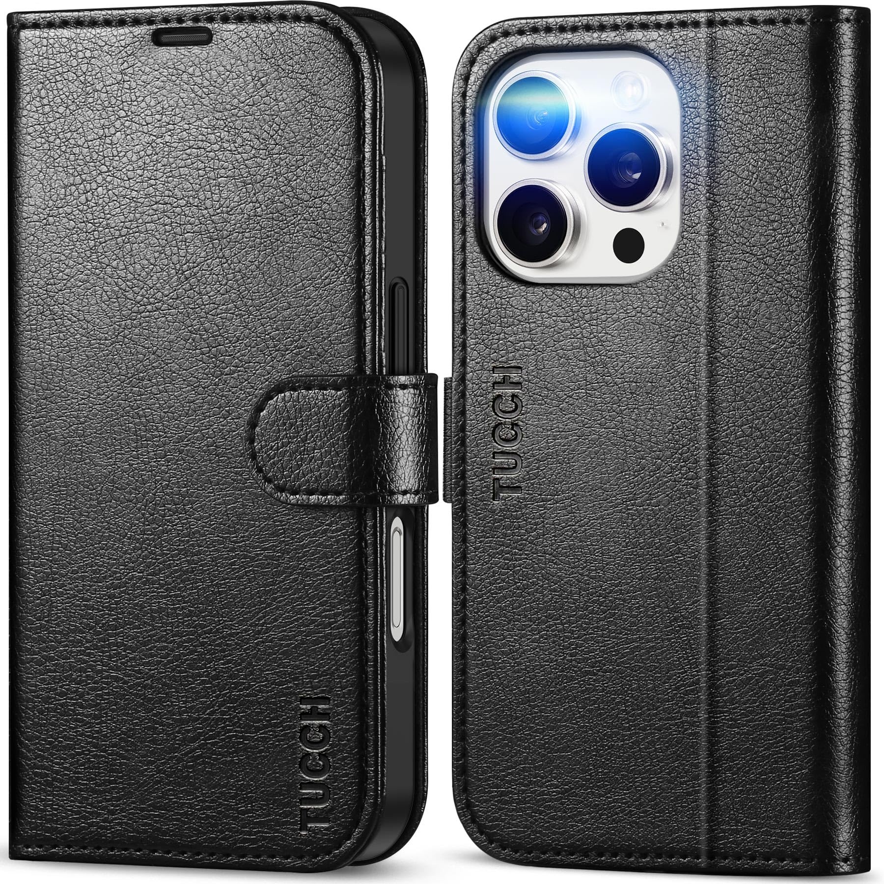 iPhone 16 Pro, RFID Blocking [4 Card Holder] Kickstand [Shockproof TPU Inner Shell] PU Leather Magnetic Protective Flip Cover 6.3“ 2024, Black