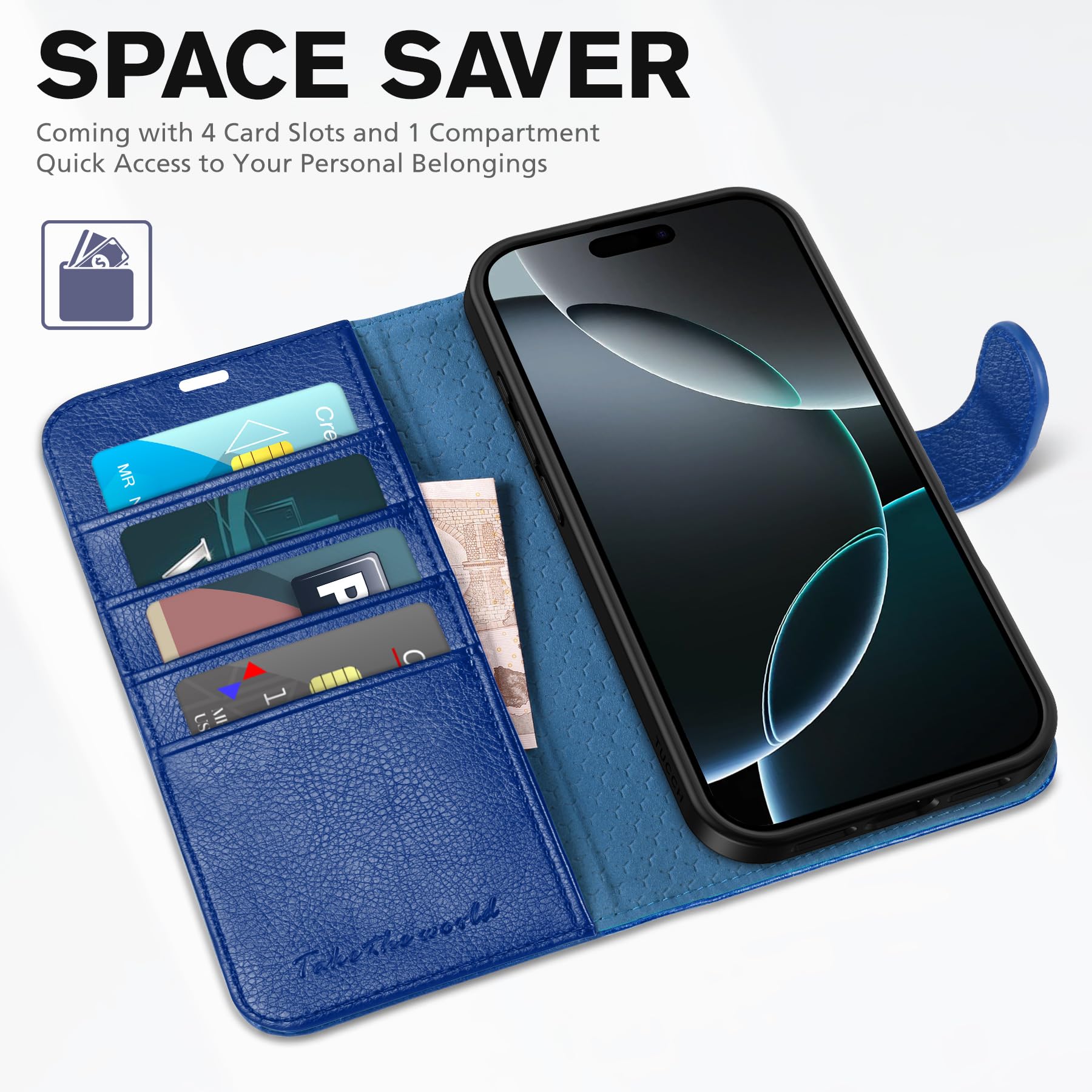 iPhone 16 Pro, RFID Blocking [4 Card Holder] Kickstand [Shockproof TPU Inner Shell] PU Leather Magnetic Protective Flip Cover 6.3“ 2024, Black