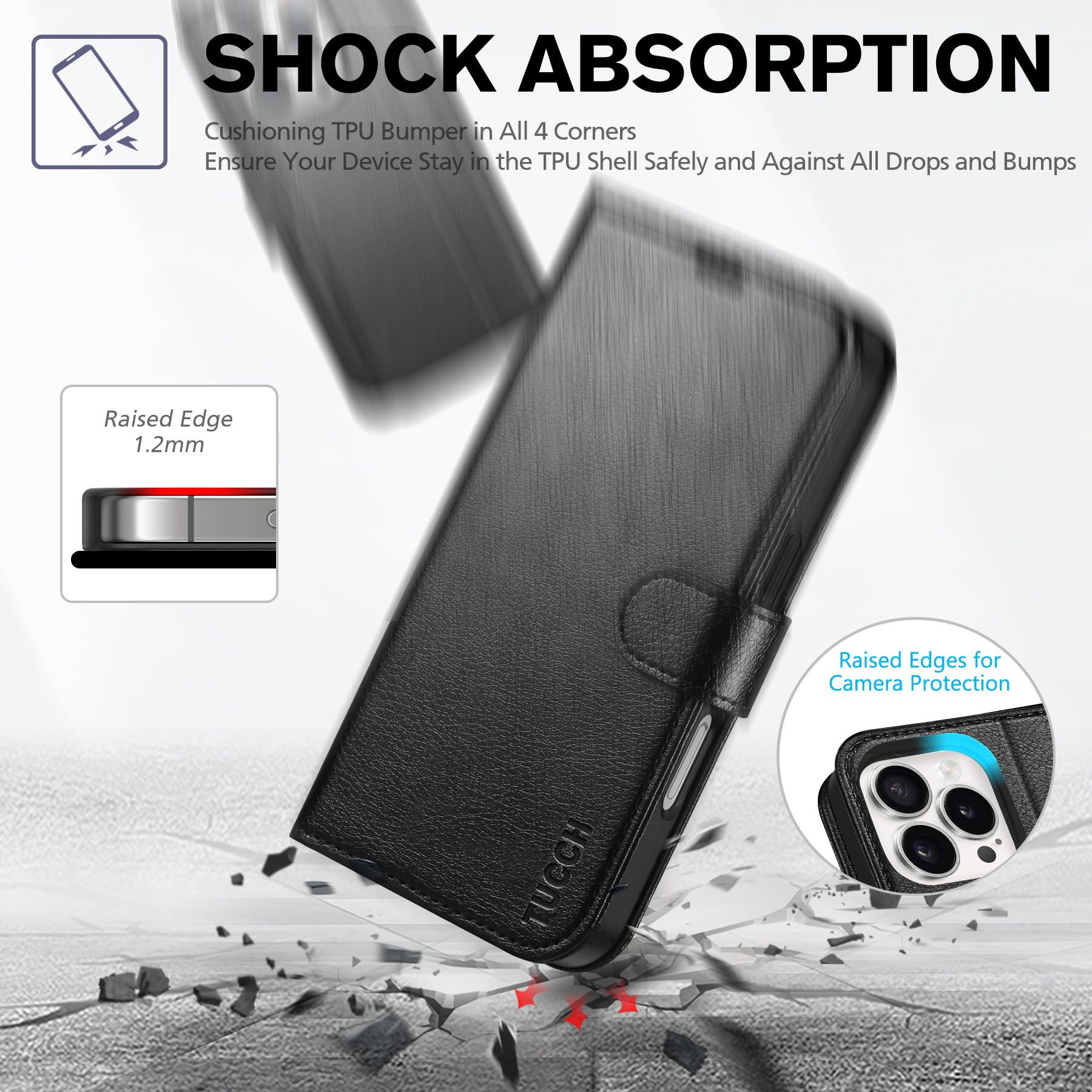 iPhone 16 Pro, RFID Blocking [4 Card Holder] Kickstand [Shockproof TPU Inner Shell] PU Leather Magnetic Protective Flip Cover 6.3“ 2024, Black