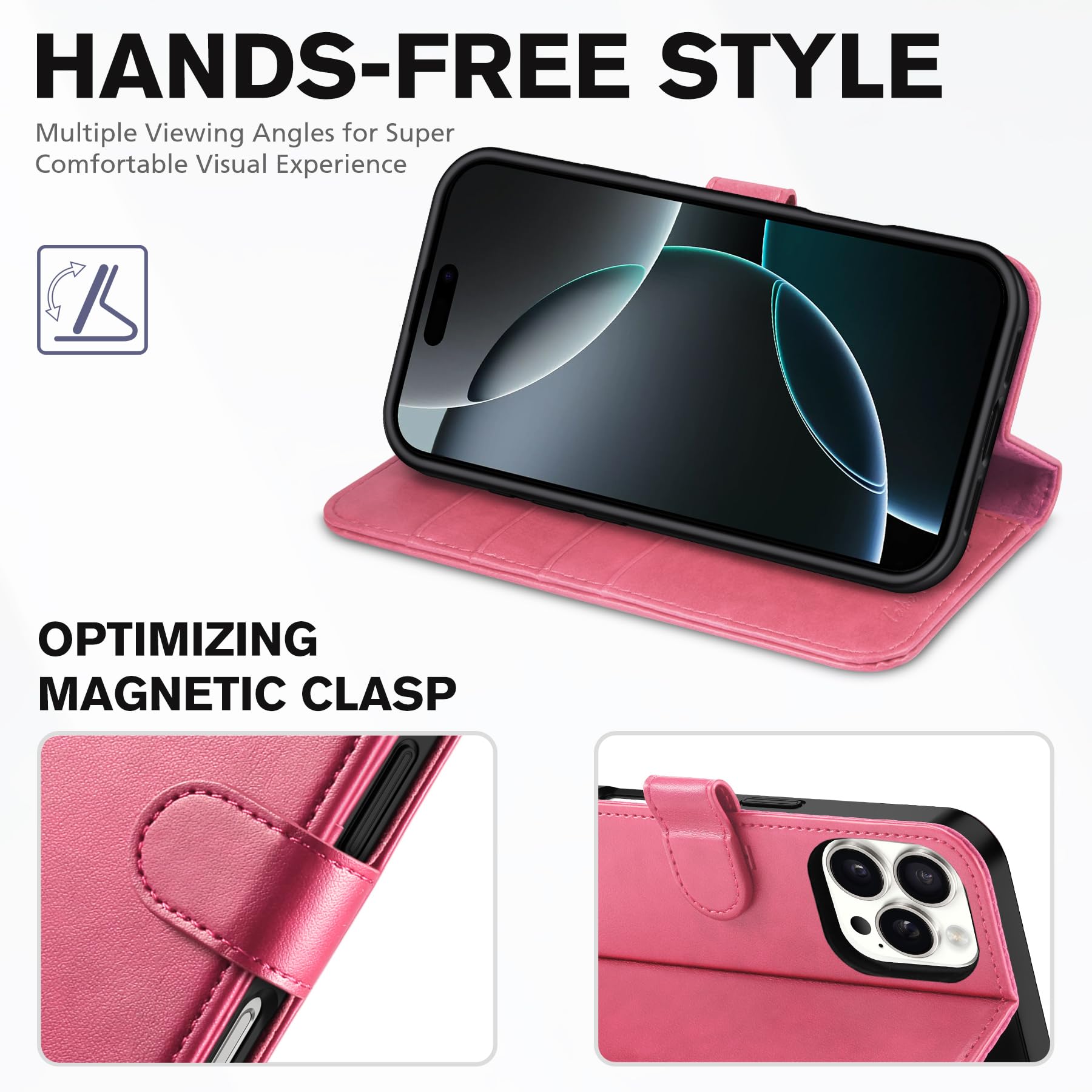 iPhone 16 Pro, RFID Blocking [4 Card Holder] Kickstand [Shockproof TPU Inner Shell] PU Leather Magnetic Protective Flip Cover 6.3“ 2024, Black