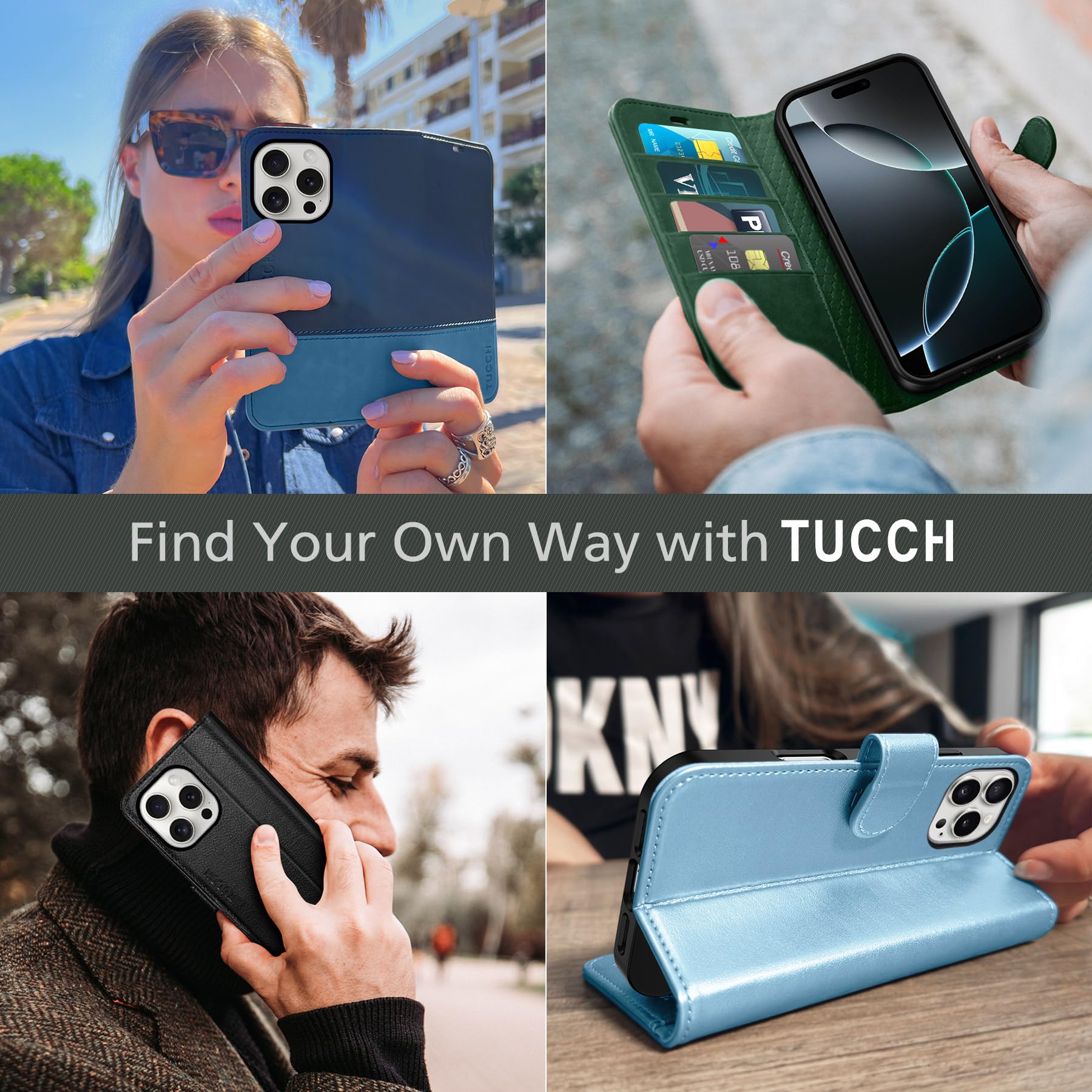 iPhone 16 Pro, RFID Blocking [4 Card Holder] Kickstand [Shockproof TPU Inner Shell] PU Leather Magnetic Protective Flip Cover 6.3“ 2024, Black