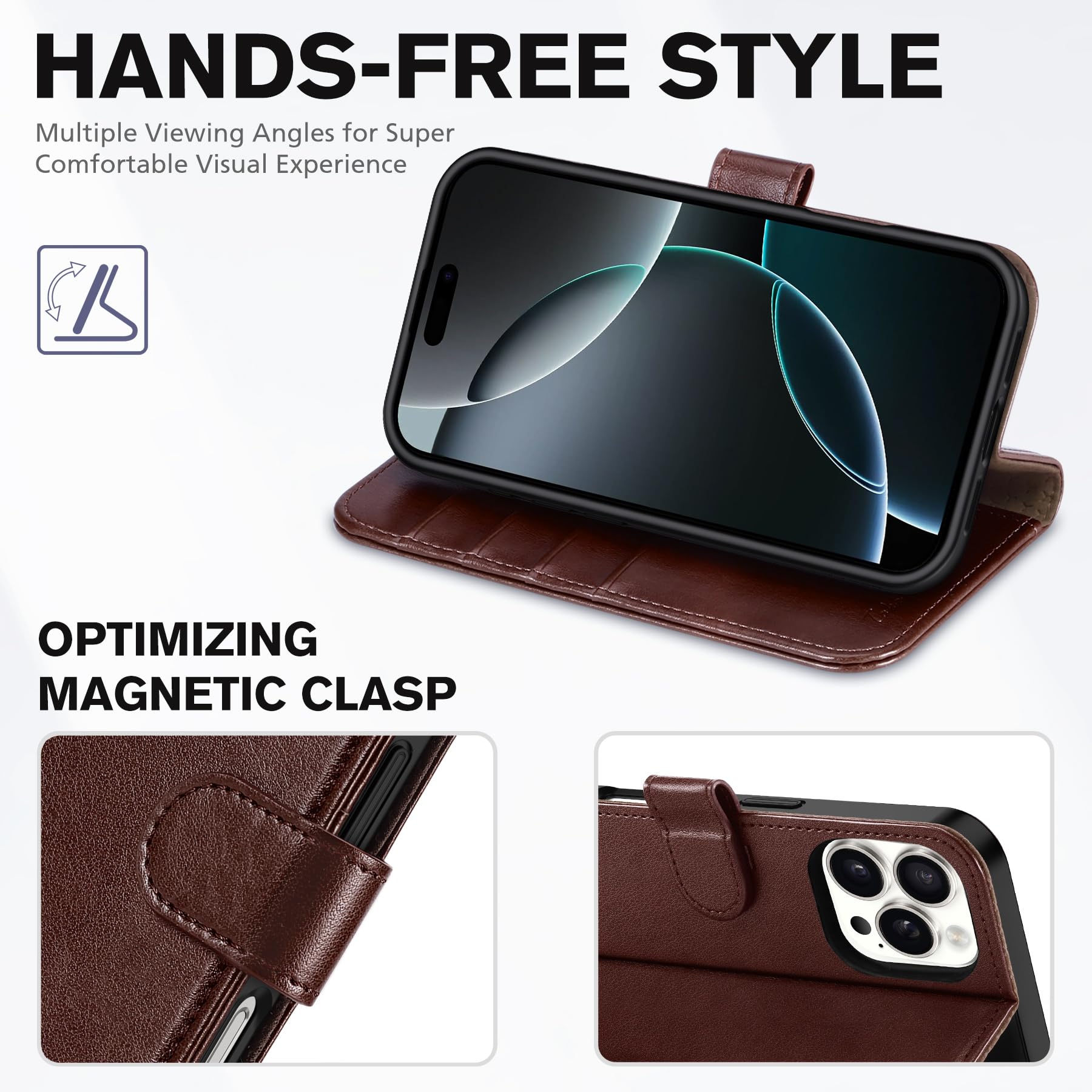 iPhone 16 Pro, RFID Blocking [4 Card Holder] Kickstand [Shockproof TPU Inner Shell] PU Leather Magnetic Protective Flip Cover 6.3“ 2024, Black