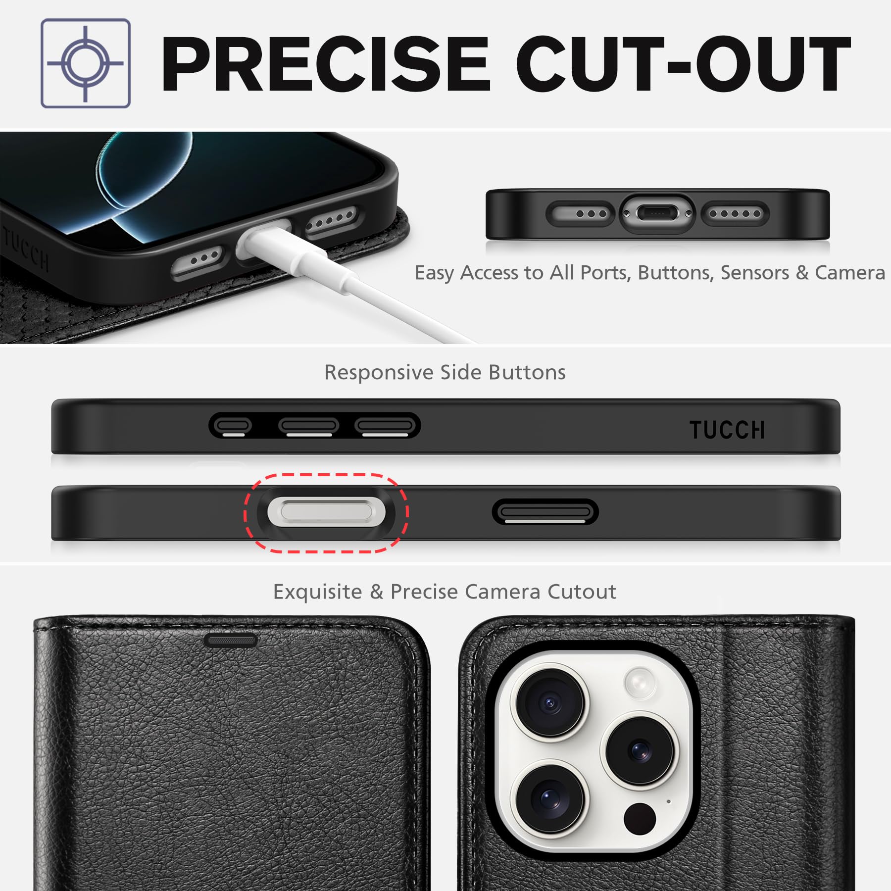 iPhone 16 Pro, RFID Blocking [4 Card Holder] Kickstand [Shockproof TPU Inner Shell] PU Leather Magnetic Protective Flip Cover 6.3“ 2024, Black