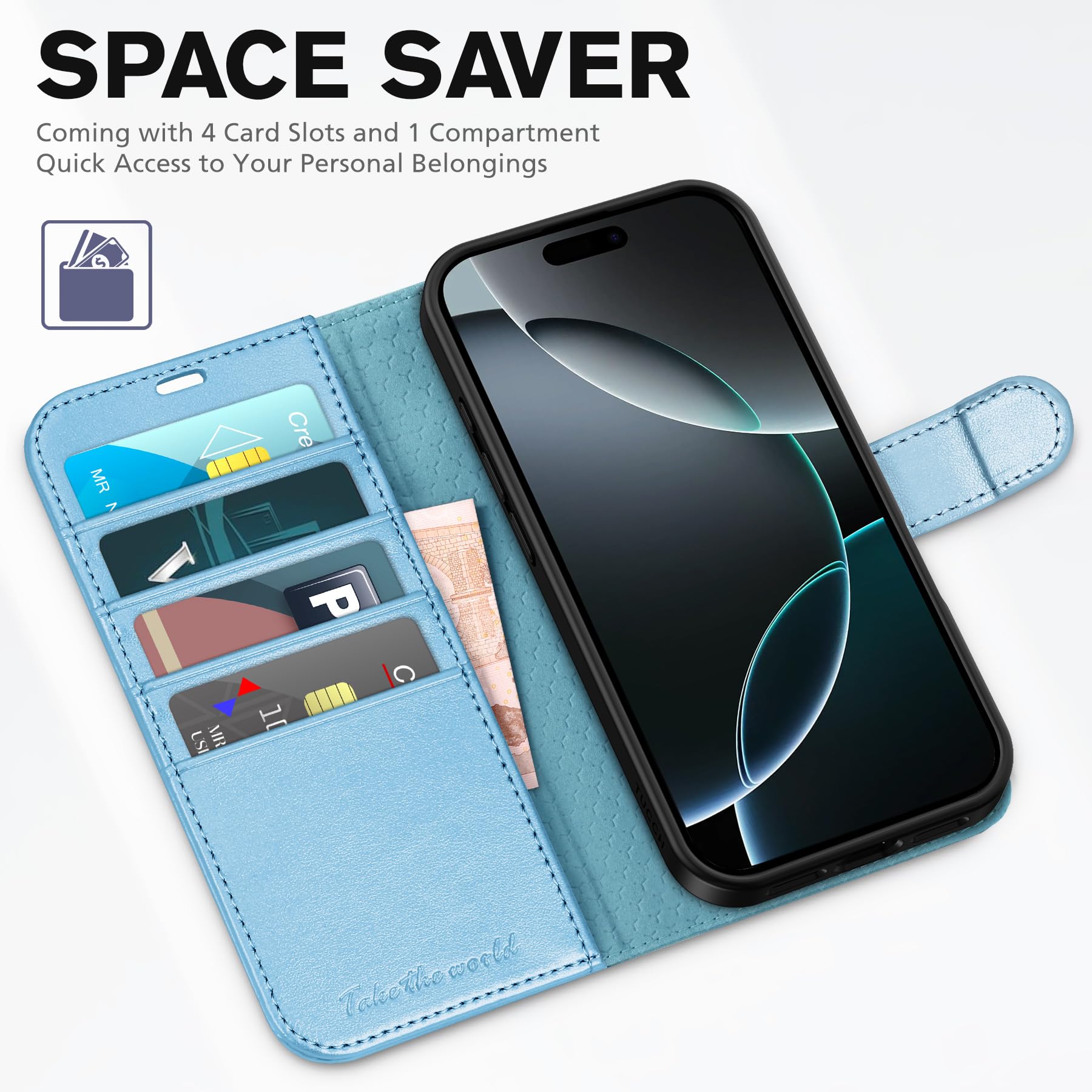 iPhone 16 Pro, RFID Blocking [4 Card Holder] Kickstand [Shockproof TPU Inner Shell] PU Leather Magnetic Protective Flip Cover 6.3“ 2024, Black