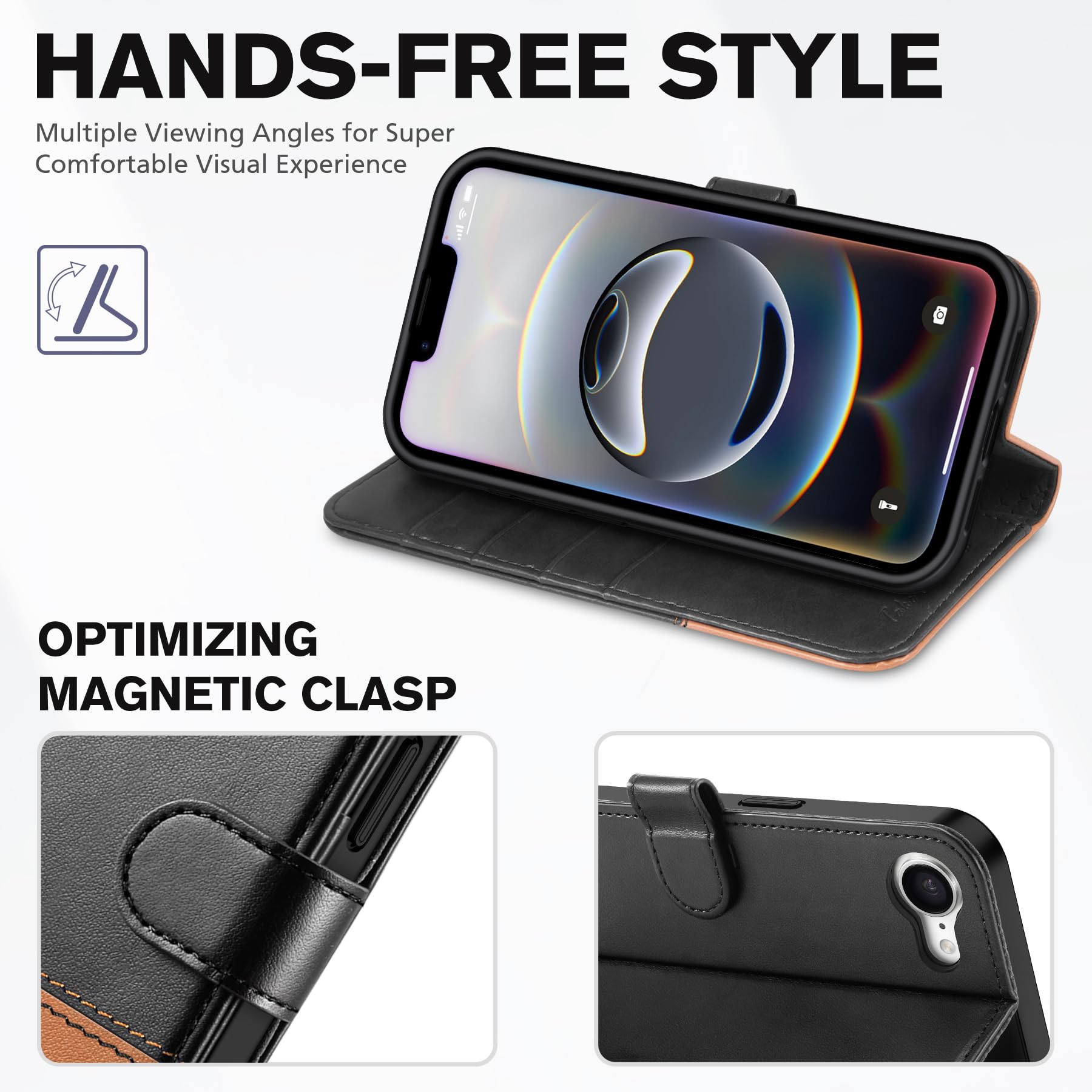 iPhone 16e, [RFID Blocking] 4 Card Holder Kickstand [Shockproof TPU Inner Case] PU Leather Magnetic Closure Protective Cover Compatible with iPhone 16e 6.1" 2025, Black