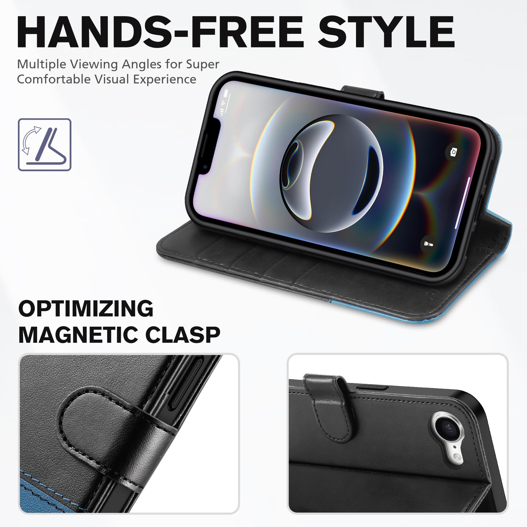 iPhone 16e, [RFID Blocking] 4 Card Holder Kickstand [Shockproof TPU Inner Case] PU Leather Magnetic Closure Protective Cover Compatible with iPhone 16e 6.1" 2025, Black