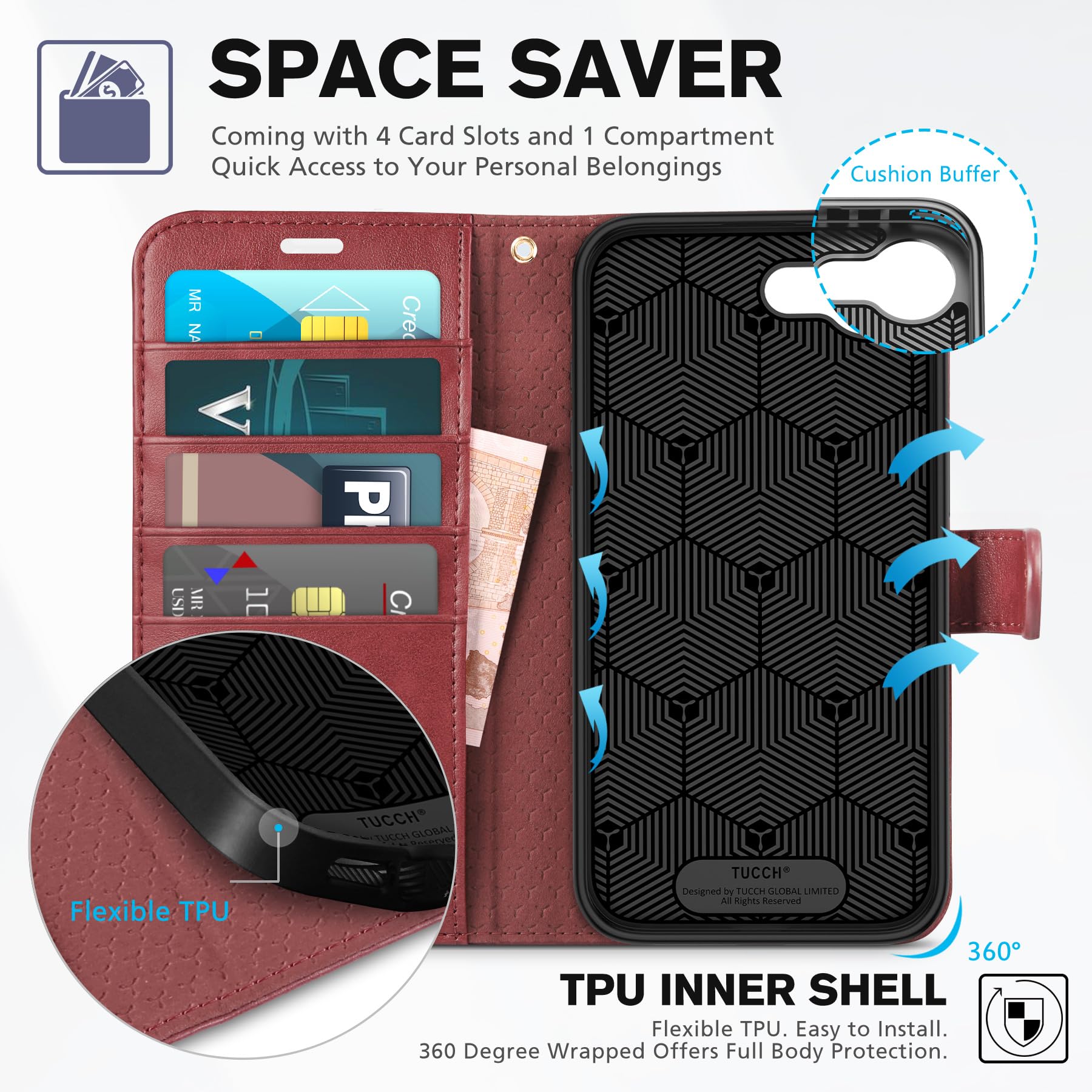 iPhone 16e, [RFID Blocking] 4 Card Holder Kickstand [Shockproof TPU Inner Case] PU Leather Magnetic Closure Protective Cover Compatible with iPhone 16e 6.1" 2025, Black