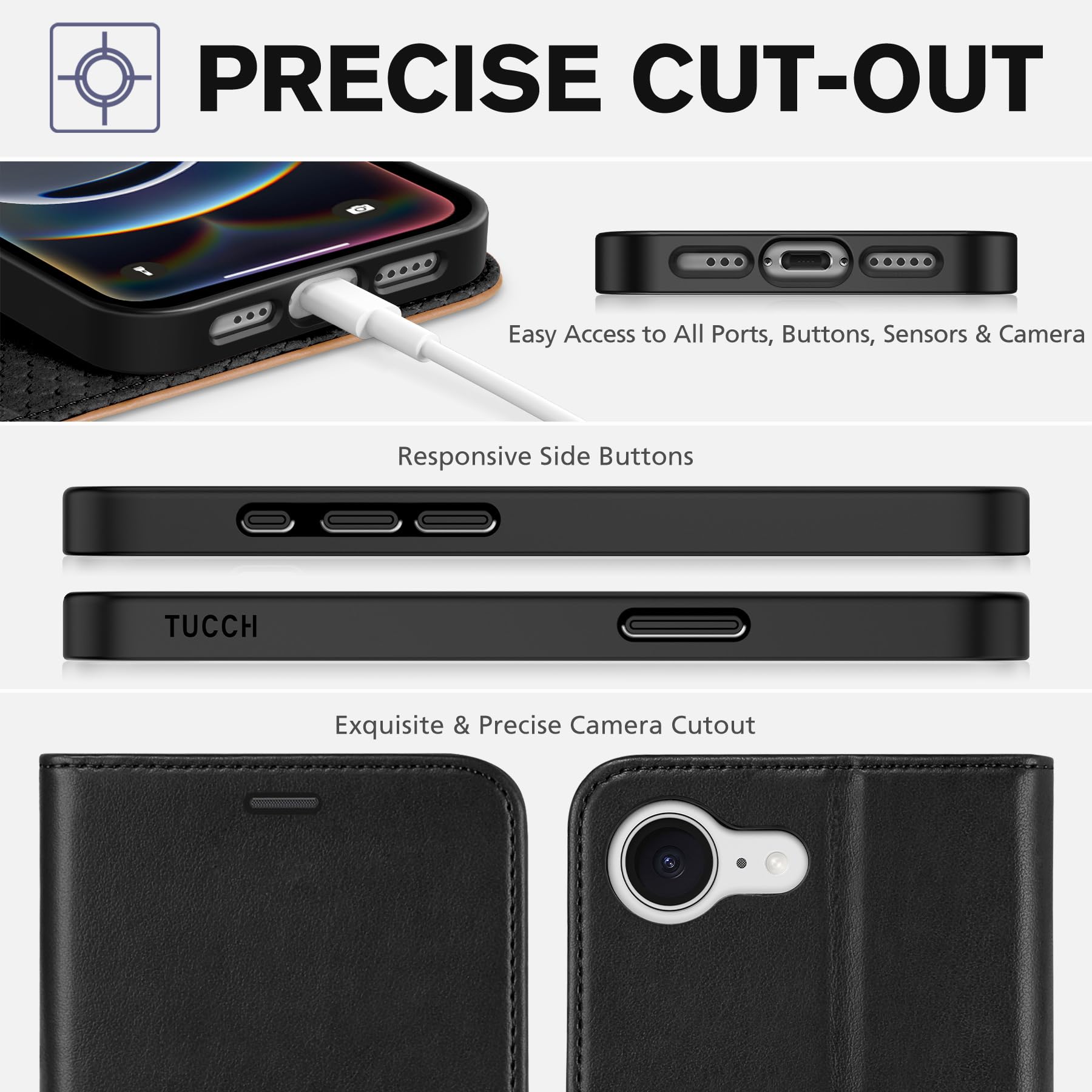 iPhone 16e, [RFID Blocking] 4 Card Holder Kickstand [Shockproof TPU Inner Case] PU Leather Magnetic Closure Protective Cover Compatible with iPhone 16e 6.1" 2025, Black