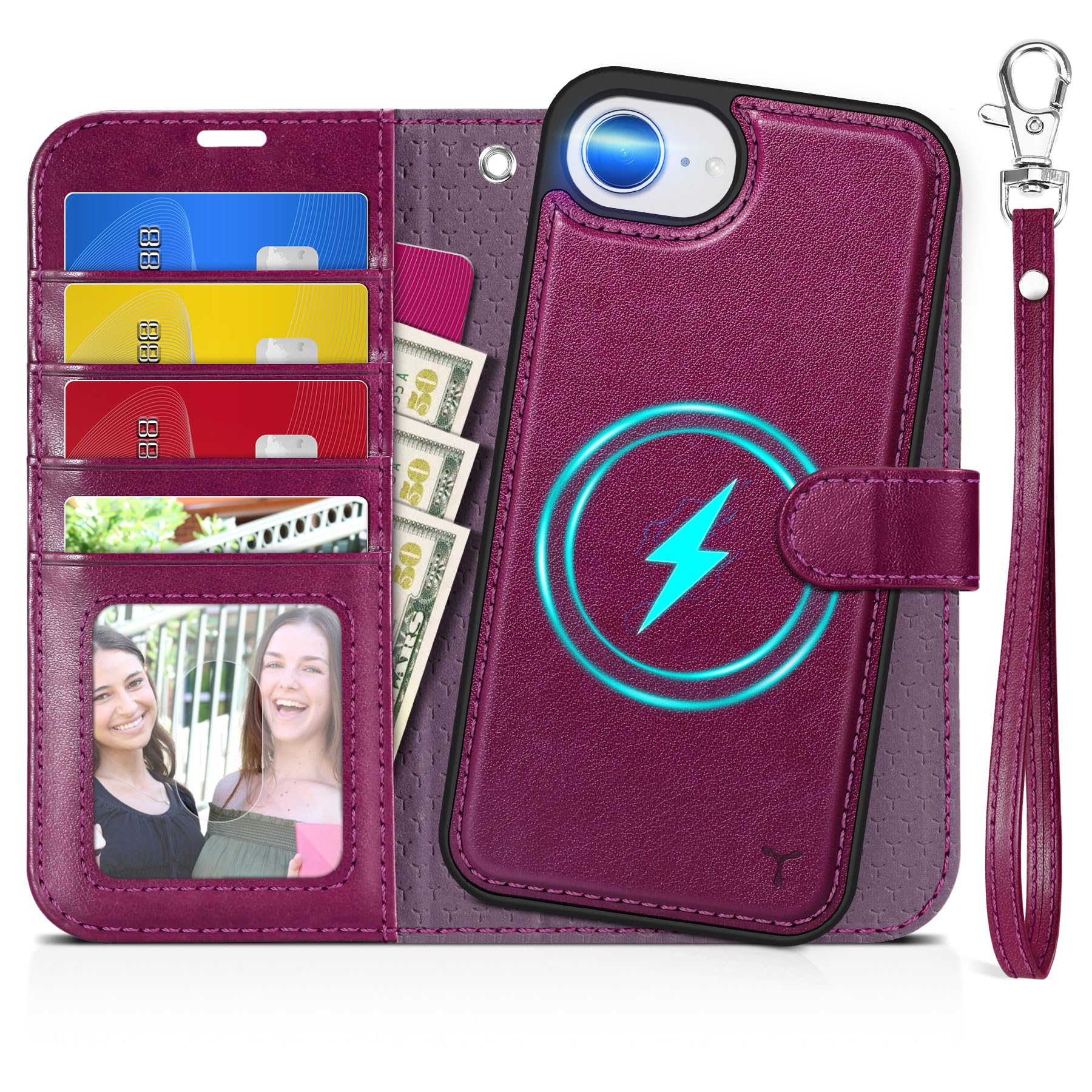iPhone 16e Wallet 6.1", [Wrist Strap] [Detachable] Magnetic PU Leather Wallet Case RFID Blocking [Wireless Charging] 4 Card Holders Stand Folio Cover for iPhone 16e, Plum Purple