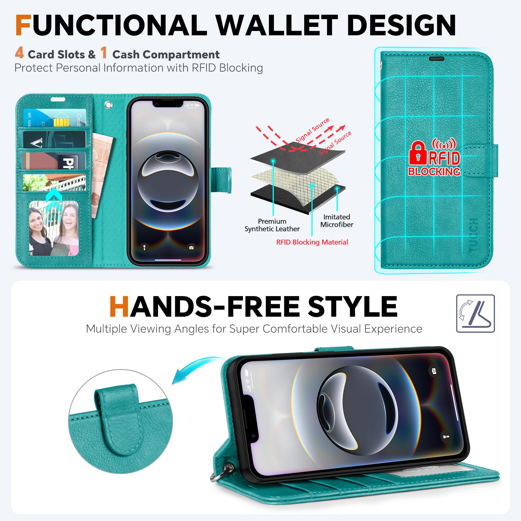 iPhone 16e Wallet 6.1", [Wrist Strap] [Detachable] Magnetic PU Leather Wallet Case RFID Blocking [Wireless Charging] 4 Card Holders Stand Folio Cover for iPhone 16e, Plum Purple