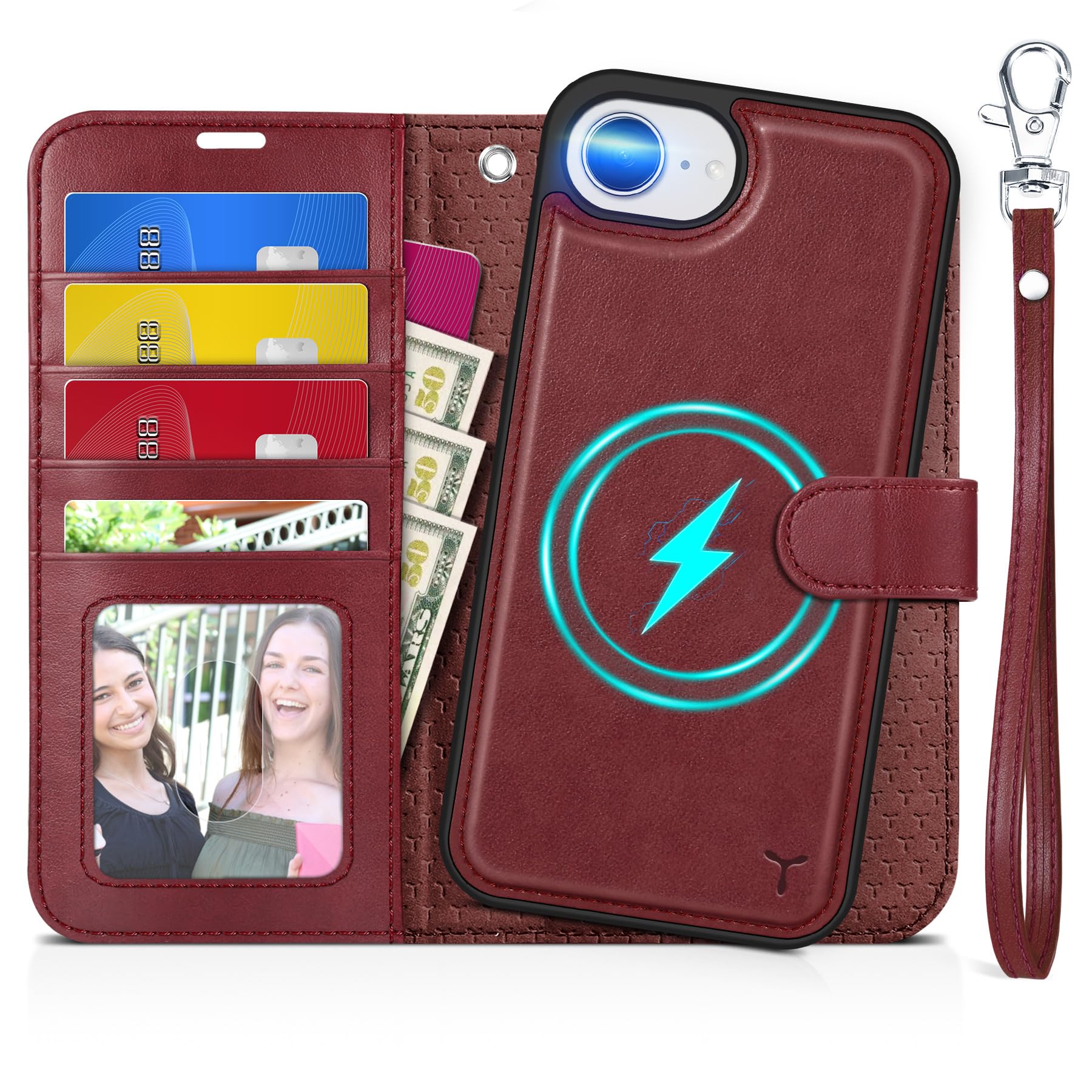 iPhone 16e Wallet 6.1", [Wrist Strap] [Detachable] Magnetic PU Leather Wallet Case RFID Blocking [Wireless Charging] 4 Card Holders Stand Folio Cover for iPhone 16e, Plum Purple
