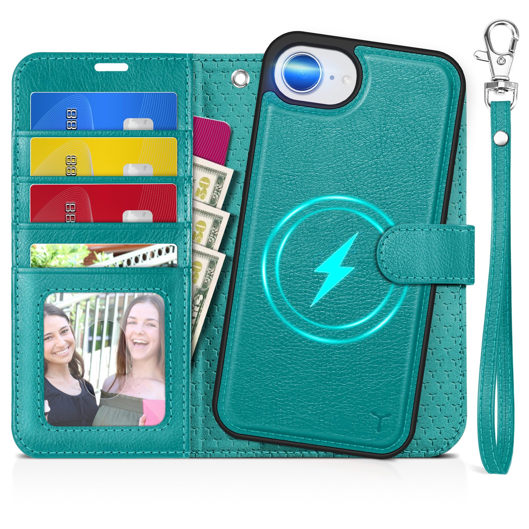 iPhone 16e Wallet 6.1", [Wrist Strap] [Detachable] Magnetic PU Leather Wallet Case RFID Blocking [Wireless Charging] 4 Card Holders Stand Folio Cover for iPhone 16e, Plum Purple