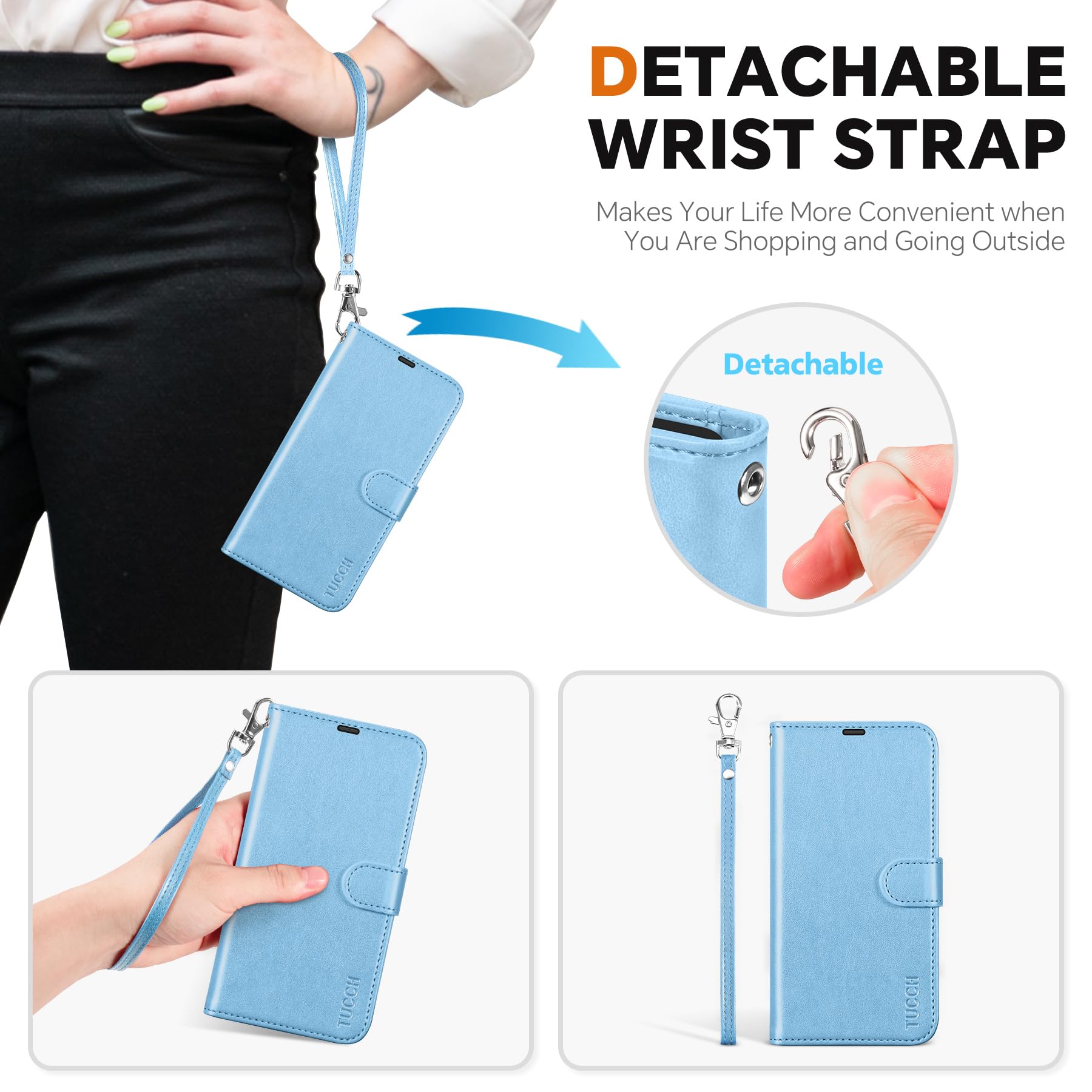 iPhone 16e Wallet 6.1", [Wrist Strap] [Detachable] Magnetic PU Leather Wallet Case RFID Blocking [Wireless Charging] 4 Card Holders Stand Folio Cover for iPhone 16e, Plum Purple