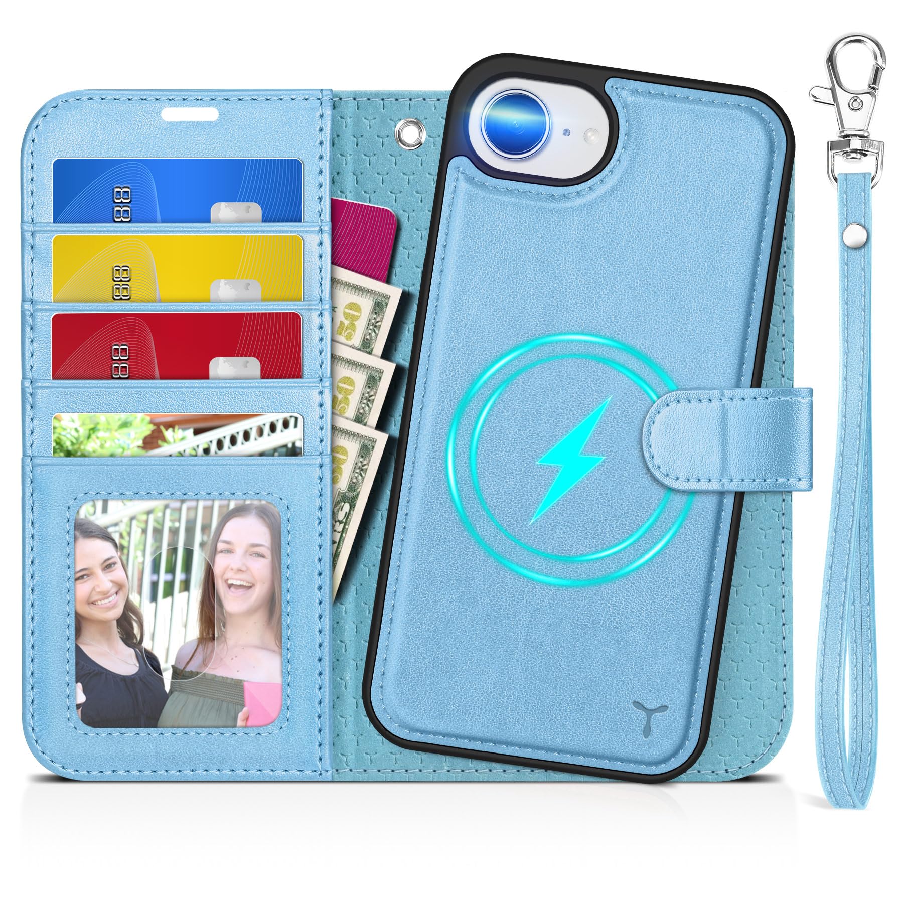 iPhone 16e Wallet 6.1", [Wrist Strap] [Detachable] Magnetic PU Leather Wallet Case RFID Blocking [Wireless Charging] 4 Card Holders Stand Folio Cover for iPhone 16e, Plum Purple