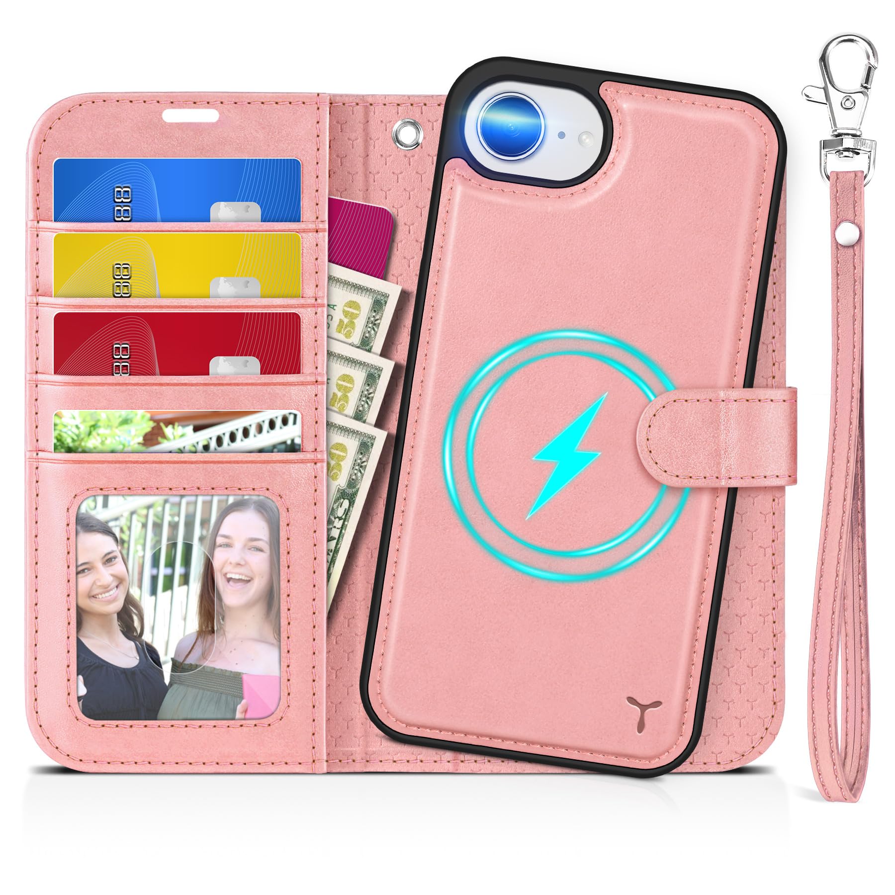 iPhone 16e Wallet 6.1", [Wrist Strap] [Detachable] Magnetic PU Leather Wallet Case RFID Blocking [Wireless Charging] 4 Card Holders Stand Folio Cover for iPhone 16e, Plum Purple