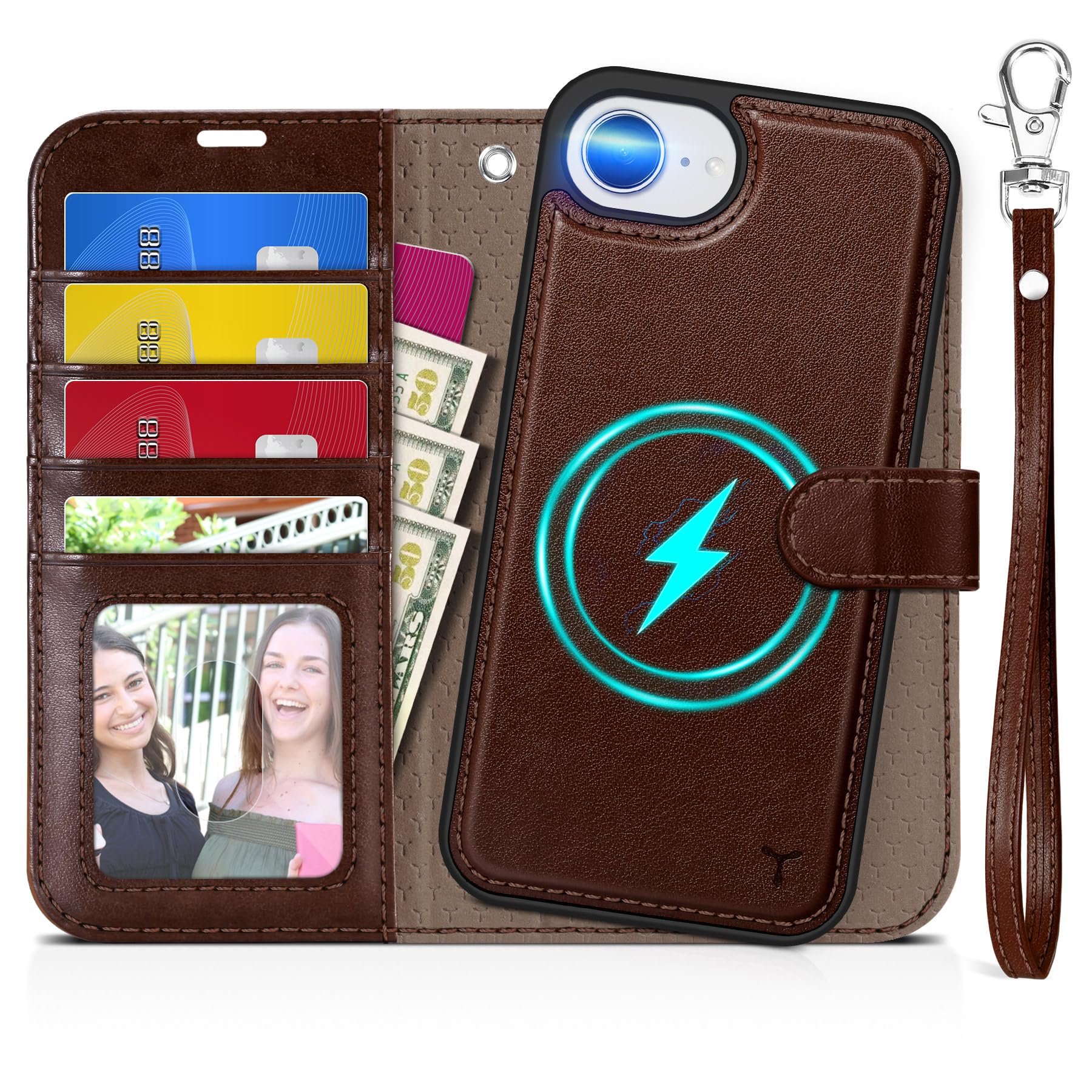 iPhone 16e Wallet 6.1", [Wrist Strap] [Detachable] Magnetic PU Leather Wallet Case RFID Blocking [Wireless Charging] 4 Card Holders Stand Folio Cover for iPhone 16e, Plum Purple