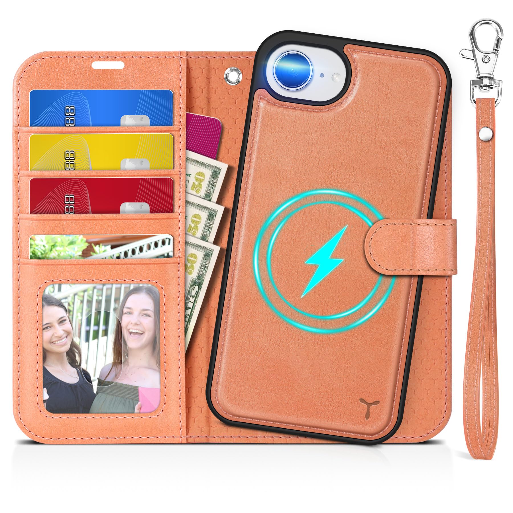 iPhone 16e Wallet 6.1", [Wrist Strap] [Detachable] Magnetic PU Leather Wallet Case RFID Blocking [Wireless Charging] 4 Card Holders Stand Folio Cover for iPhone 16e, Plum Purple