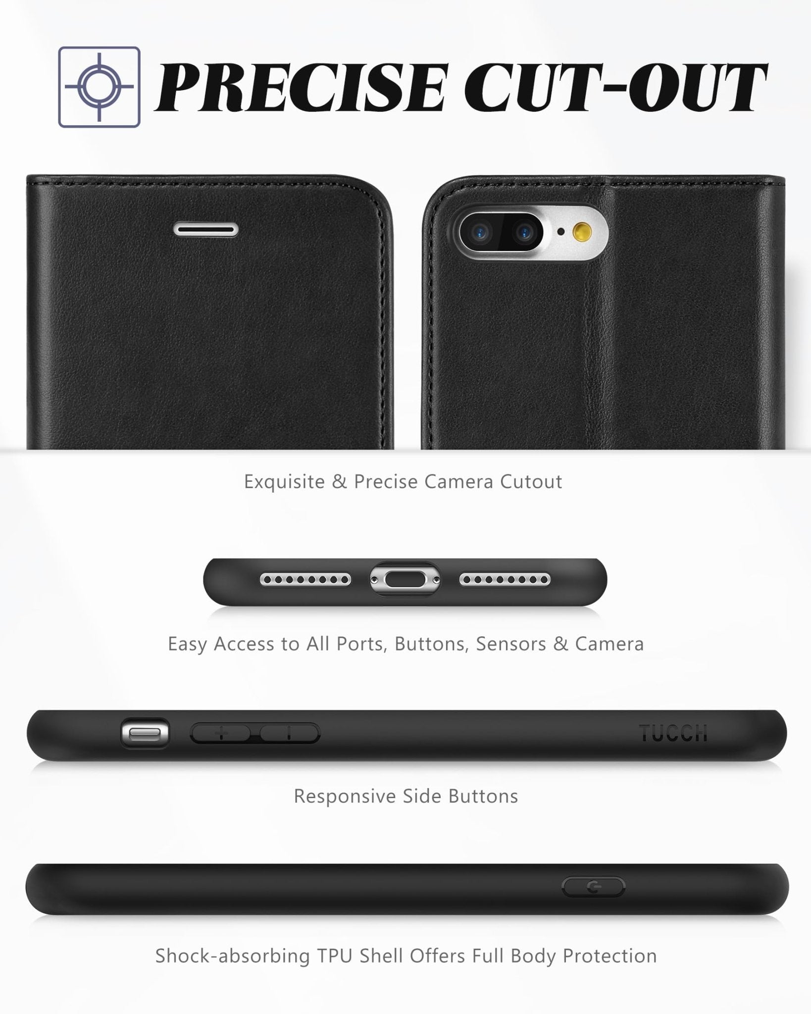 iPhone 8 Plus/iPhone 7 Plus, PU Leather Flip Cover with Card Slot Stand Holder, Magnetic Closure Shockproof TPU Interior Case Compatible with iPhone 7 Plus/8 Plus, Black