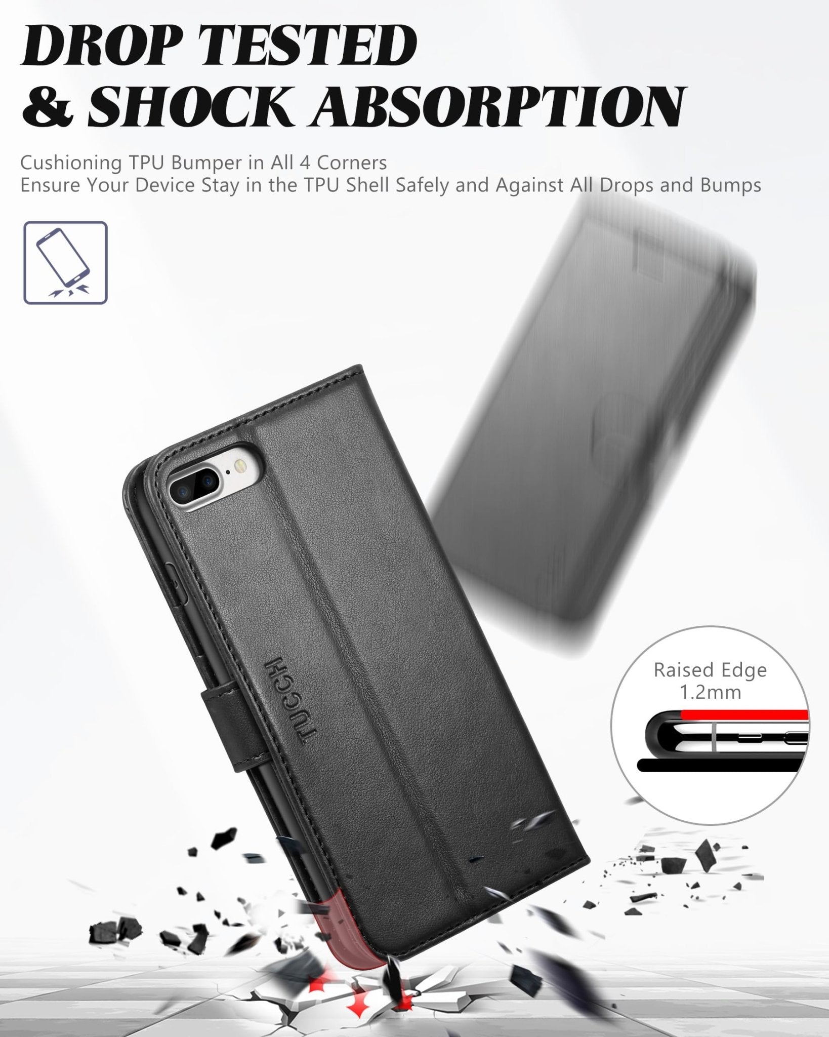 iPhone 8 Plus/iPhone 7 Plus, PU Leather Flip Cover with Card Slot Stand Holder, Magnetic Closure Shockproof TPU Interior Case Compatible with iPhone 7 Plus/8 Plus, Black