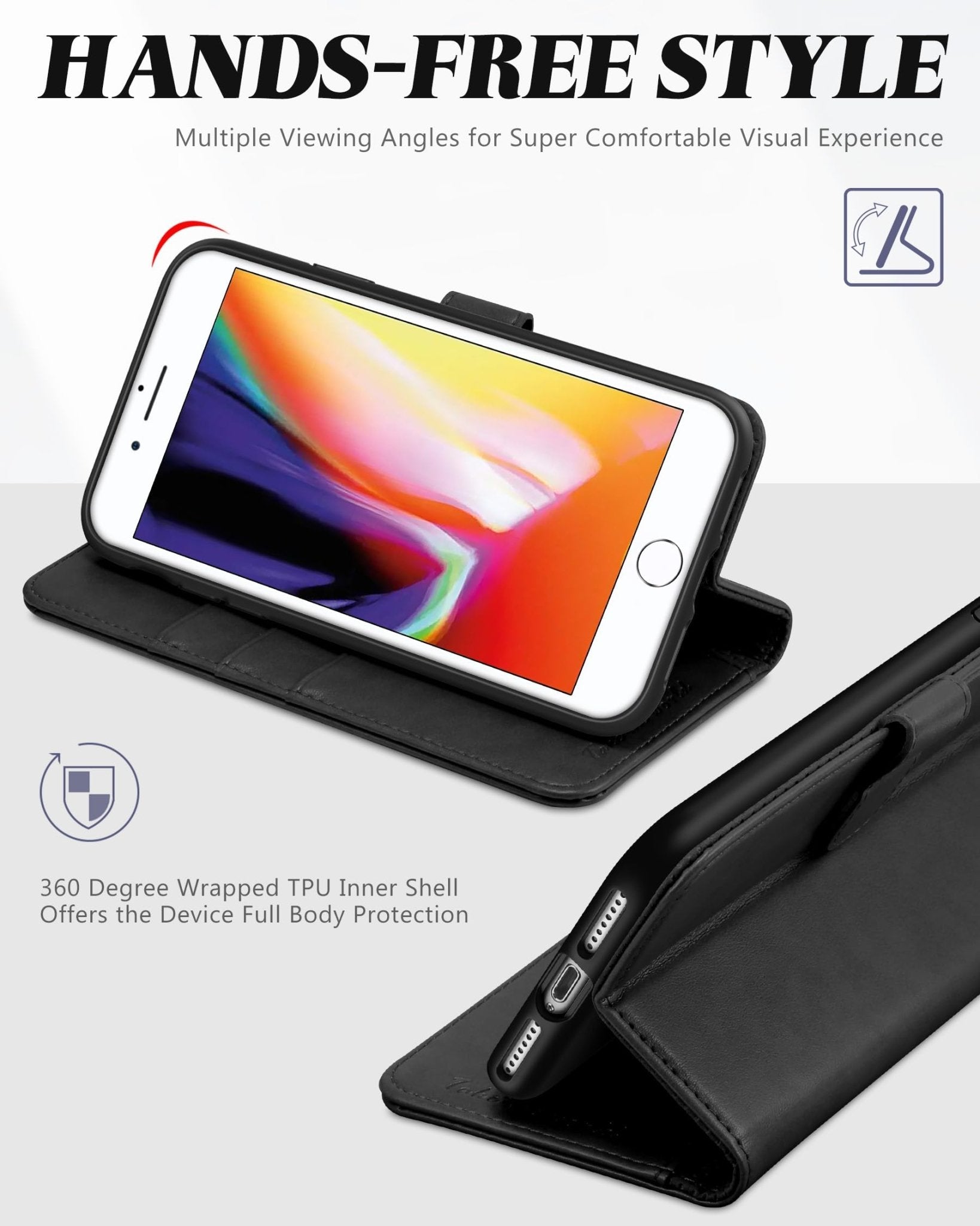 iPhone 8 Plus/iPhone 7 Plus, PU Leather Flip Cover with Card Slot Stand Holder, Magnetic Closure Shockproof TPU Interior Case Compatible with iPhone 7 Plus/8 Plus, Black