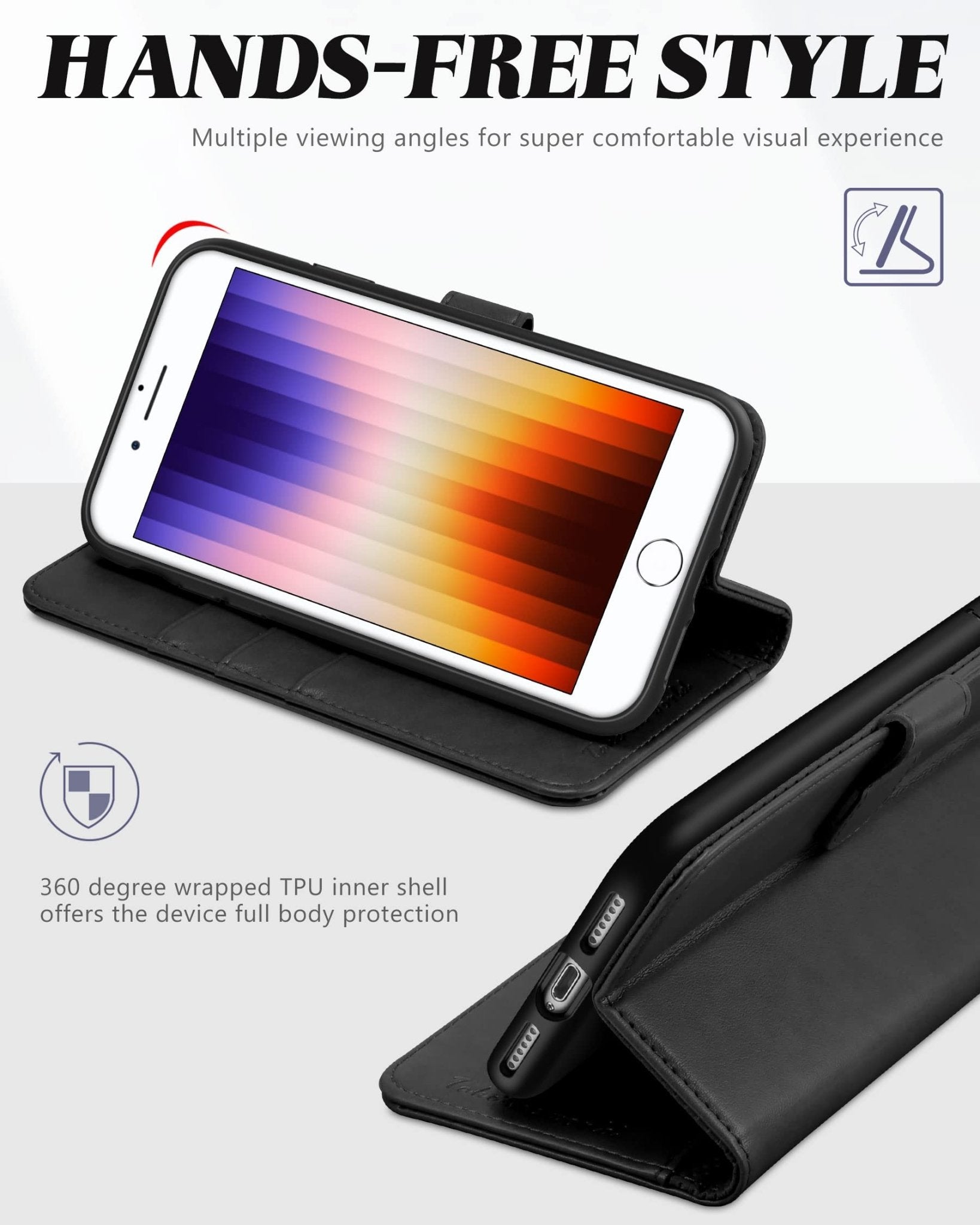 iPhone SE 2022/ iPhone 7/8/iPhone SE 2020, PU Leather 3 Card Slots Stand Magnetic Flip Folio Cover TPU Shockproof Inner Shell, Black