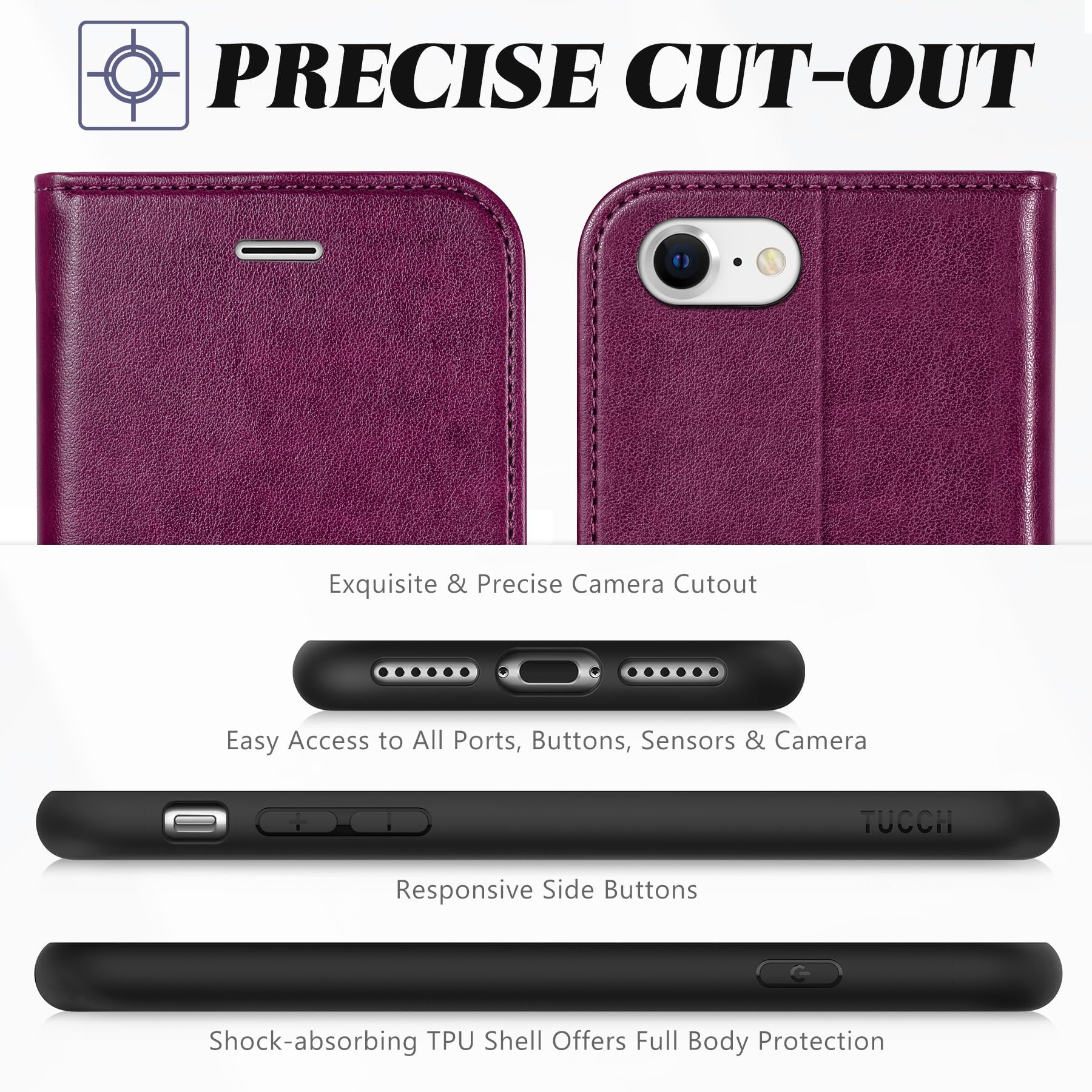 iPhone SE 2022/ iPhone 7/8/iPhone SE 2020, PU Leather 3 Card Slots Stand Magnetic Flip Folio Cover TPU Shockproof Inner Shell, Black