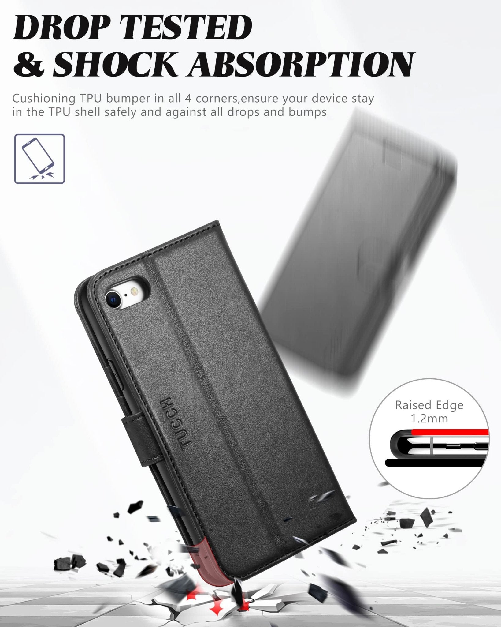 iPhone SE 2022/ iPhone 7/8/iPhone SE 2020, PU Leather 3 Card Slots Stand Magnetic Flip Folio Cover TPU Shockproof Inner Shell, Black