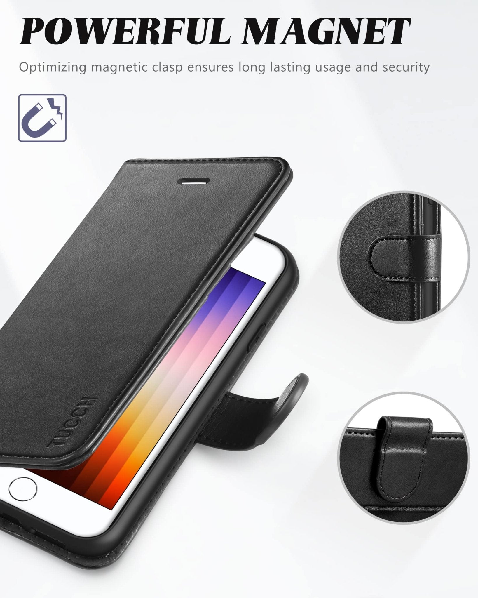 iPhone SE 2022/ iPhone 7/8/iPhone SE 2020, PU Leather 3 Card Slots Stand Magnetic Flip Folio Cover TPU Shockproof Inner Shell, Black