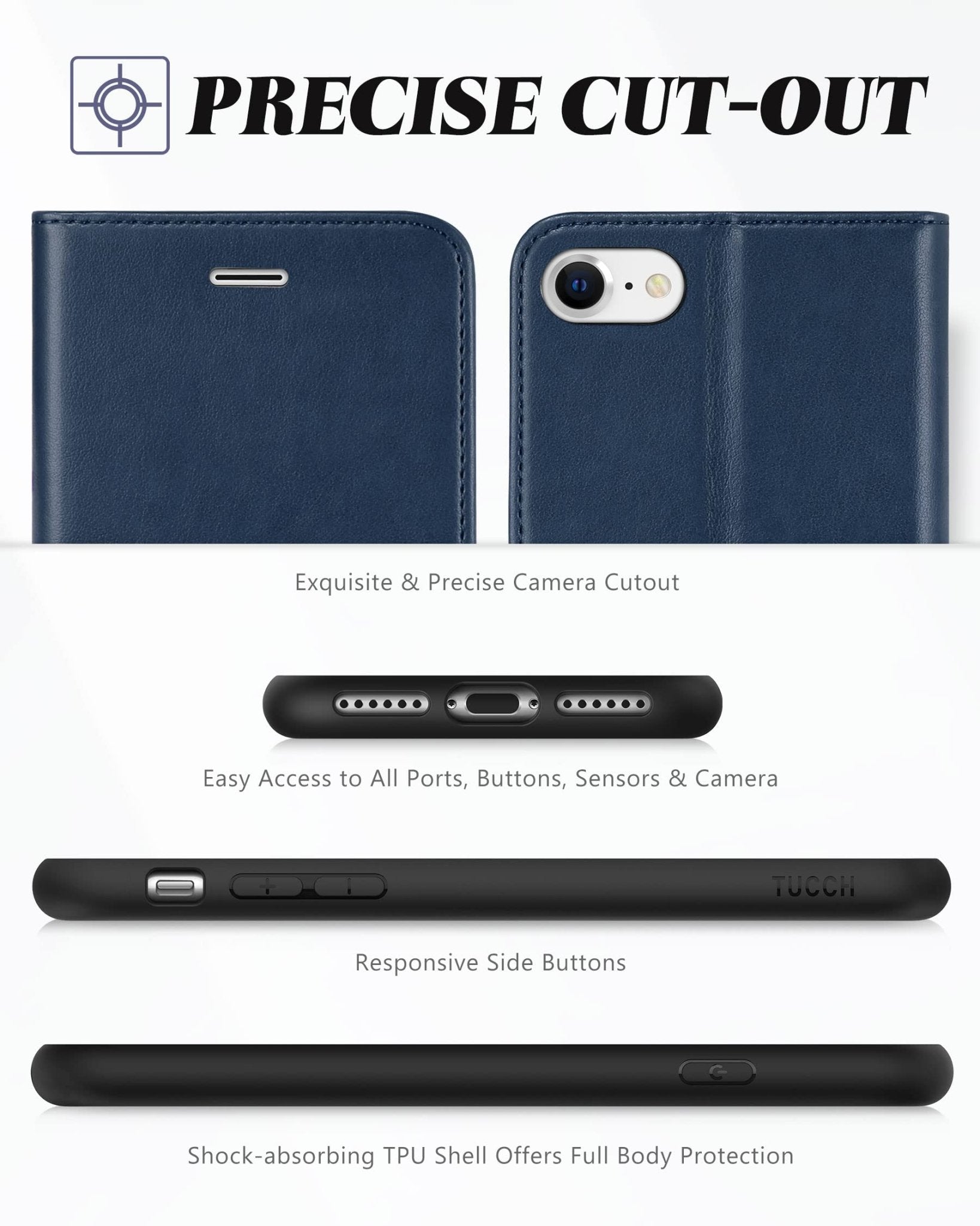 iPhone SE 2022/ iPhone 7/8/iPhone SE 2020, PU Leather 3 Card Slots Stand Magnetic Flip Folio Cover TPU Shockproof Inner Shell, Black