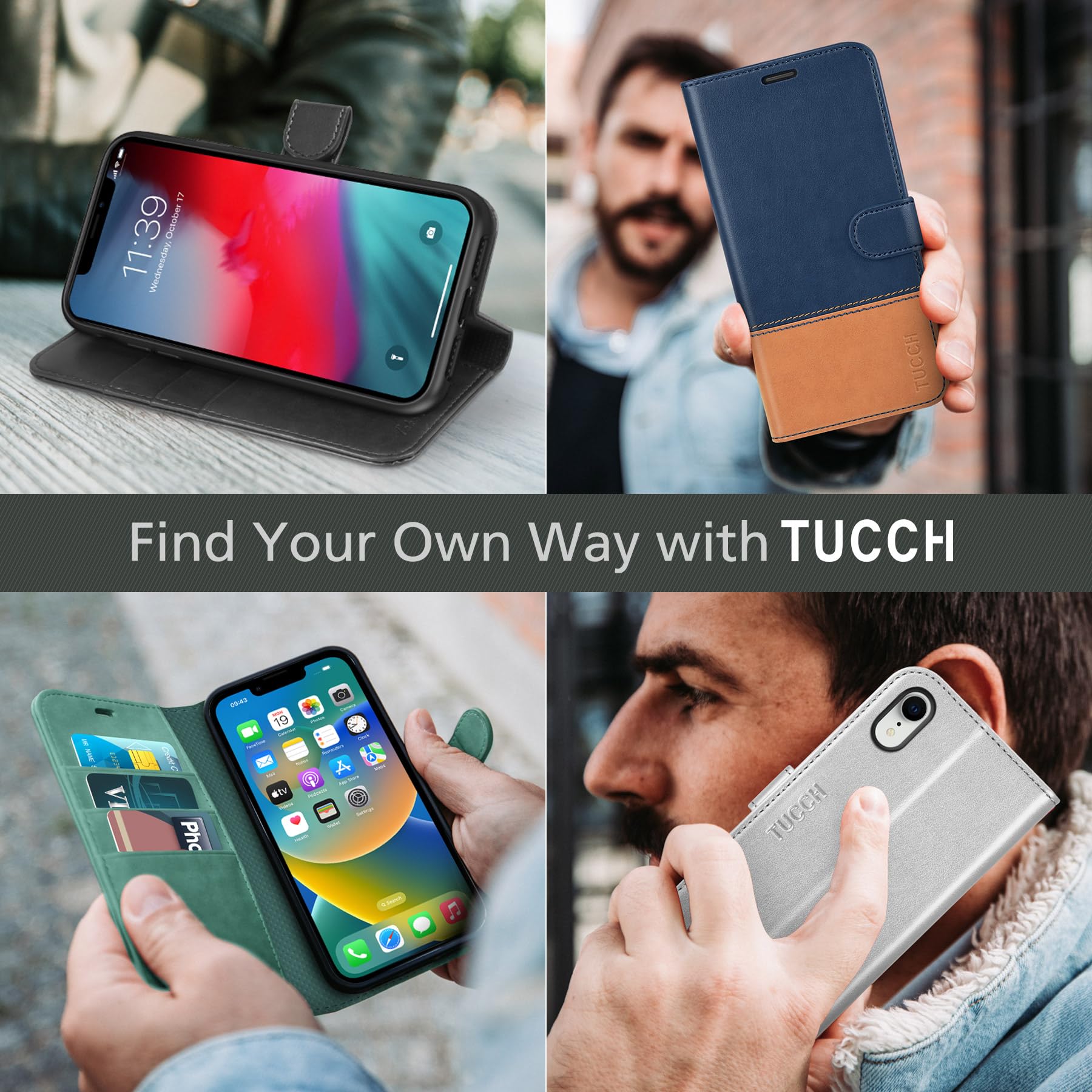 iPhone XR, Kickstand RFID Blocking Credit Card Slot PU Leather Folio Phone Cover with Wireless Charging [Shockproof TPU Shell] Compatible with iPhone XR 6.1, Black