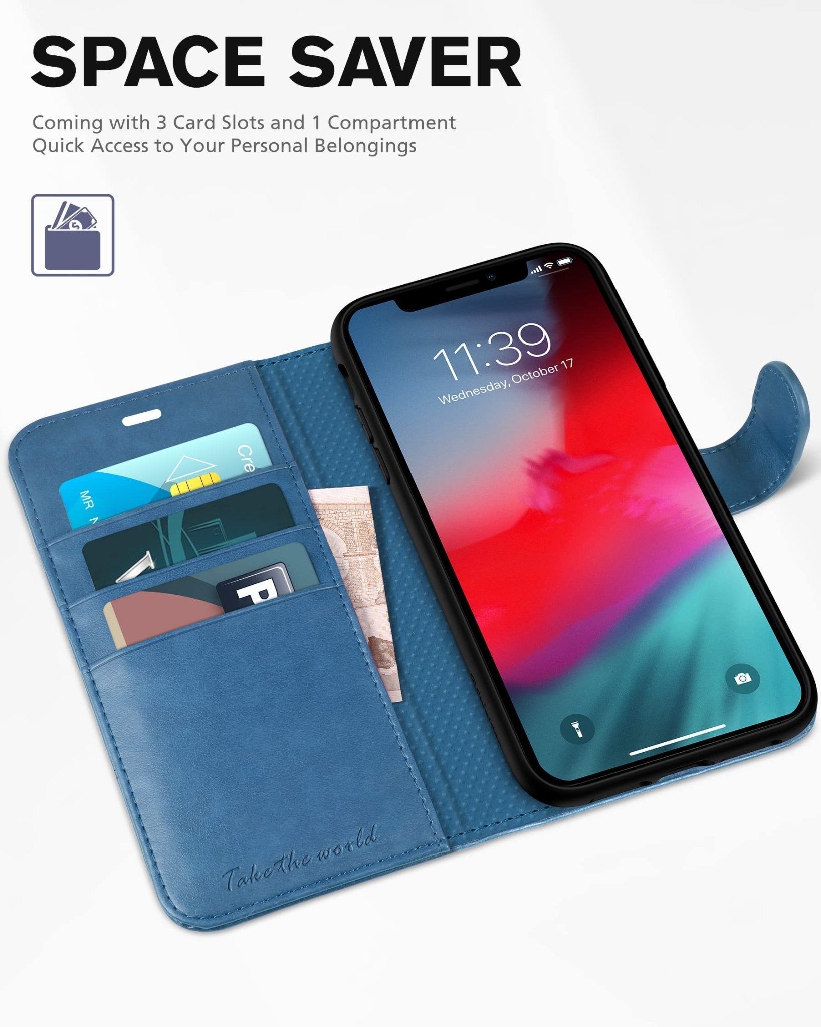 iPhone XR, Kickstand RFID Blocking Credit Card Slot PU Leather Folio Phone Cover with Wireless Charging [Shockproof TPU Shell] Compatible with iPhone XR 6.1, Black